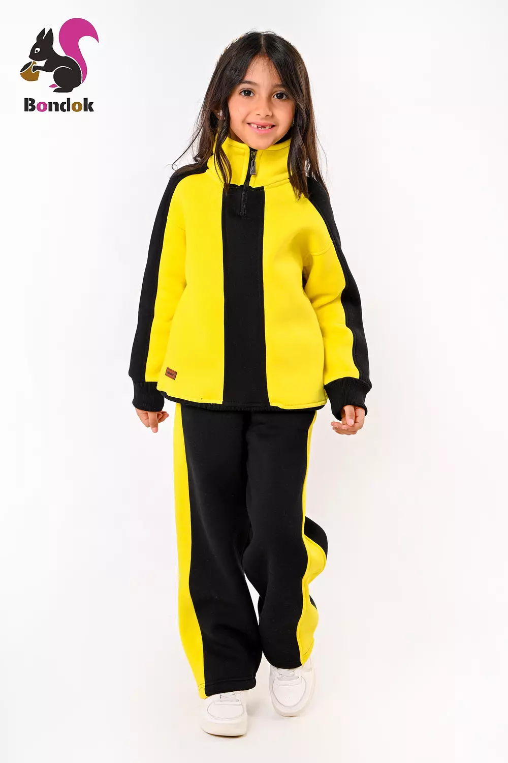 BONDOK Girls’ Winter Black-Strip Tracksuit – High-Neck Half-Zip Sweatshirt & Joggers Set  – Cozy Melton Fleece, Ages 4–14 9