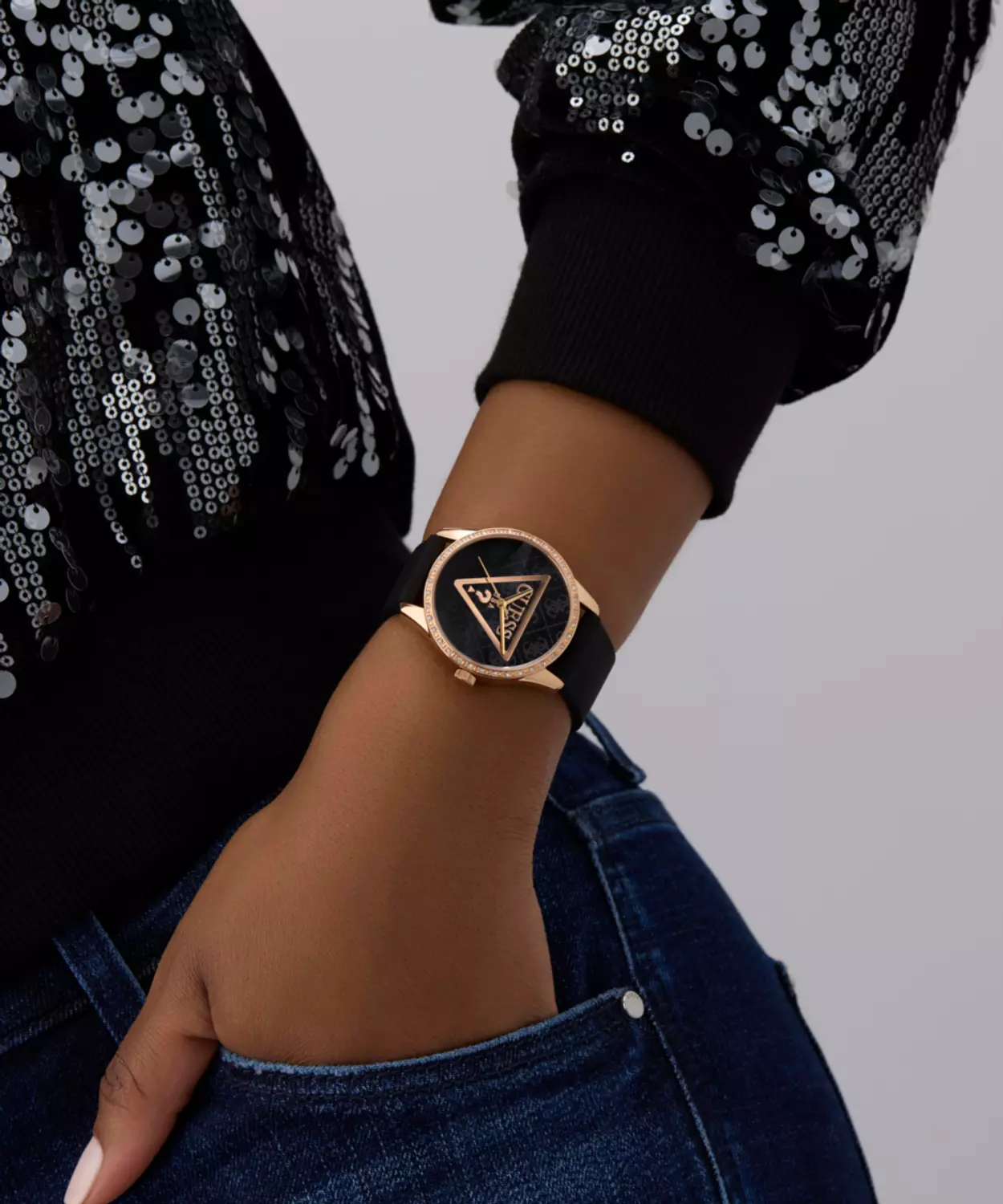 GUESS Ladies Black Rose Gold Tone Analog Watch 6