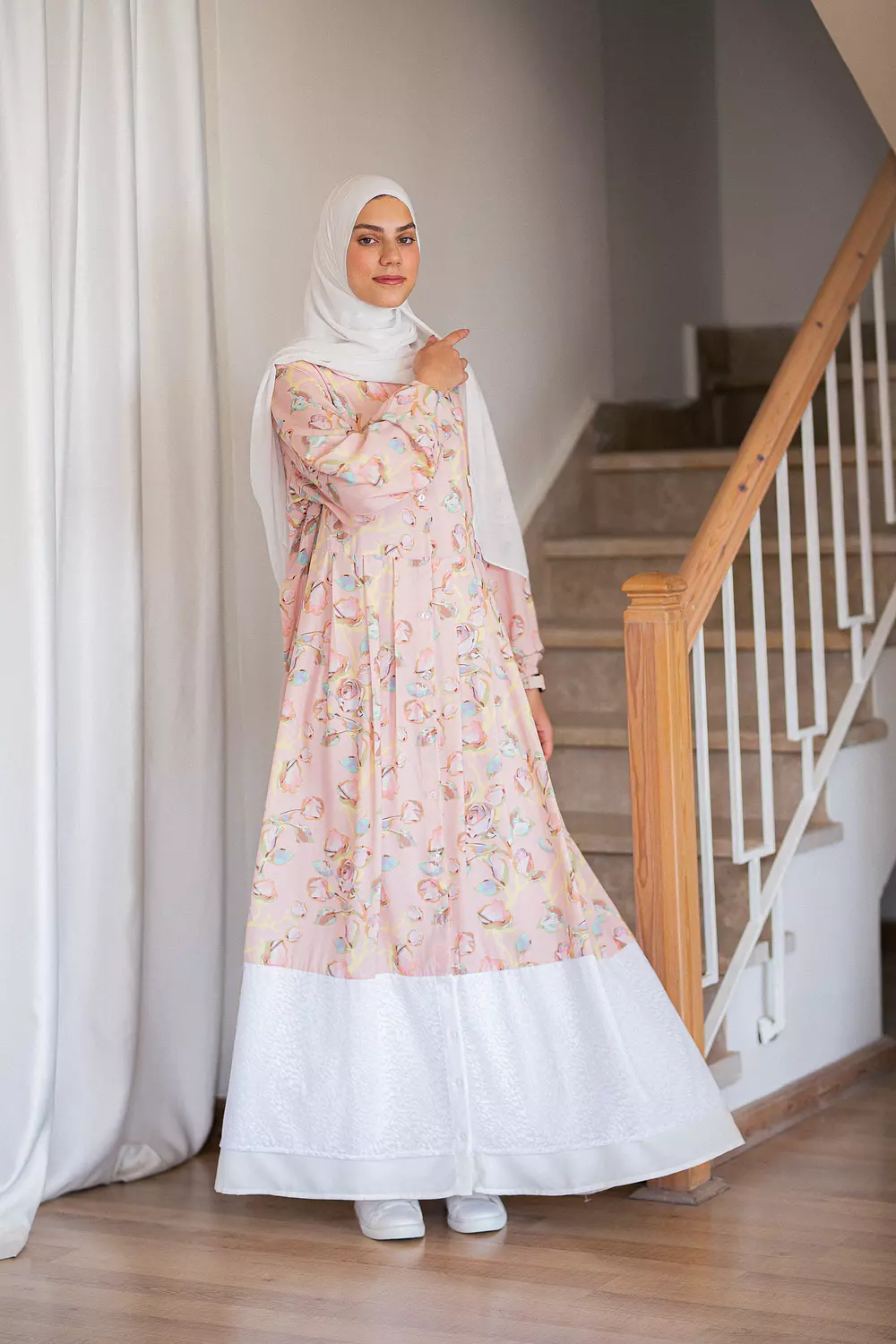 Pink Floral Crepe Dress with Tulle Trim 1