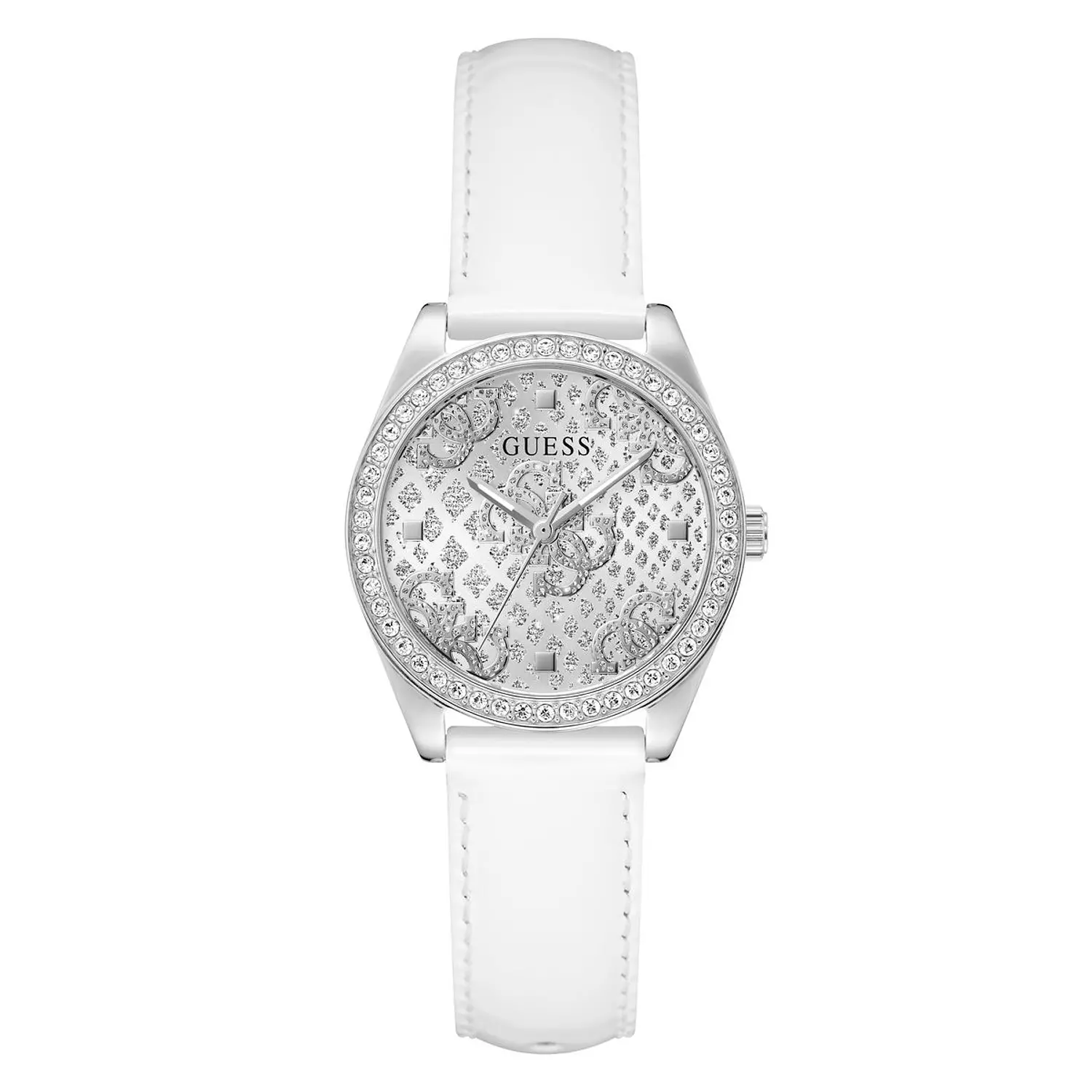 GUESS BOA Ladies White Silver Tone Analog Watch WHITE Genuine Leather Patent Strap image