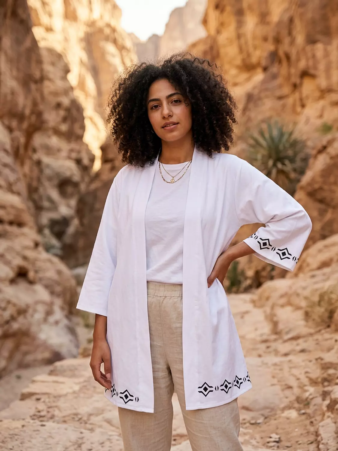 Hand-Printed White Viscose Kimono image