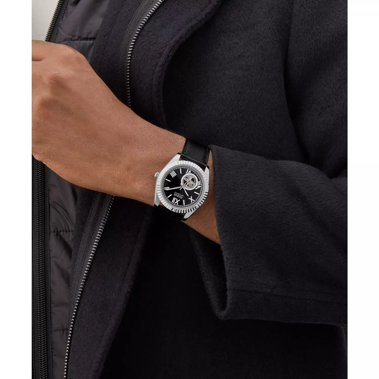 GUESS CONNOISSEUR Mens Black Silver Tone Automatic Watch Black Genuine Leather Brushed/Polished Strap 7