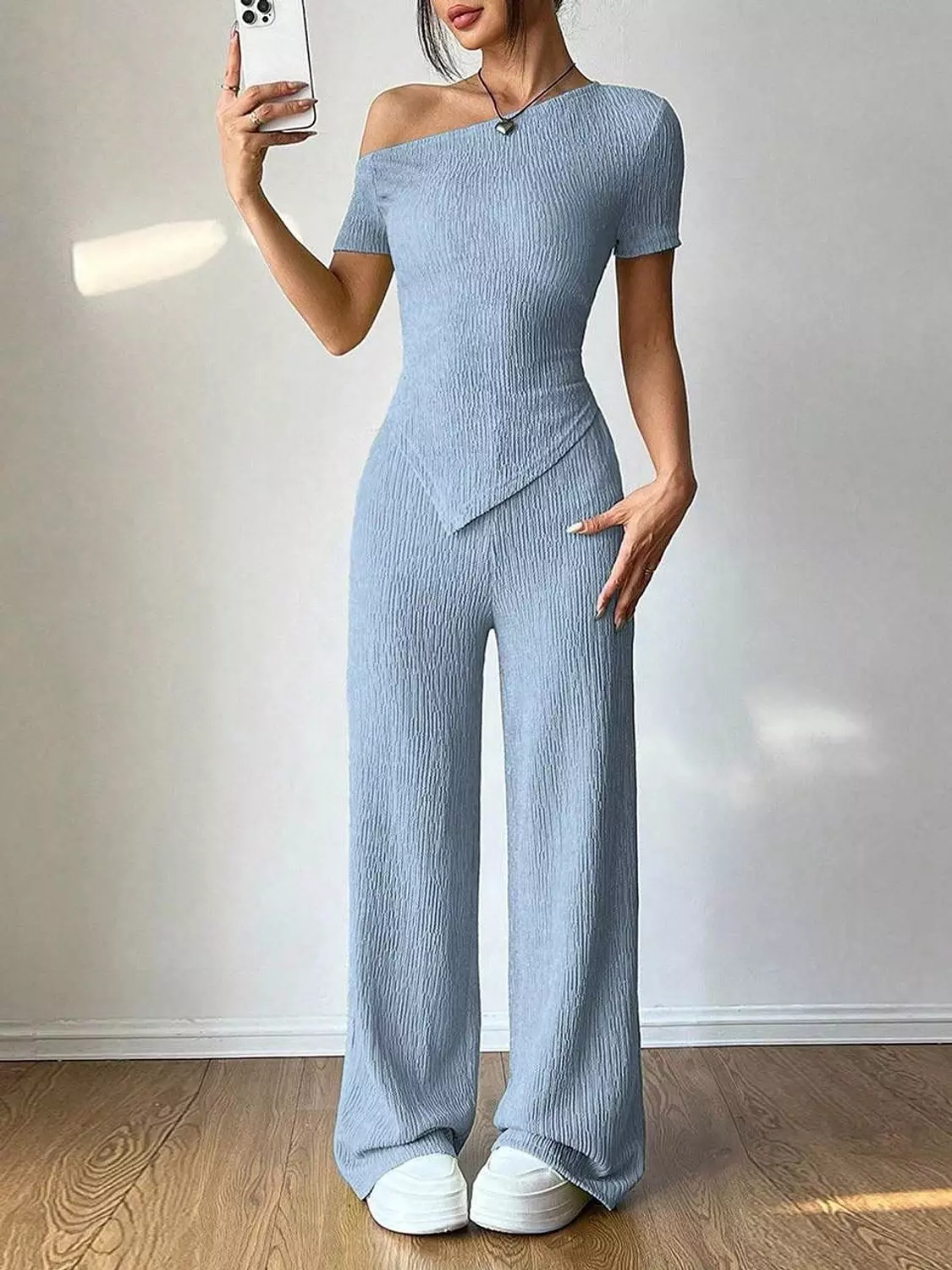 Crinkle Cotton Two-Piece | Asymmetrical Top & Wide-Leg Pants 2