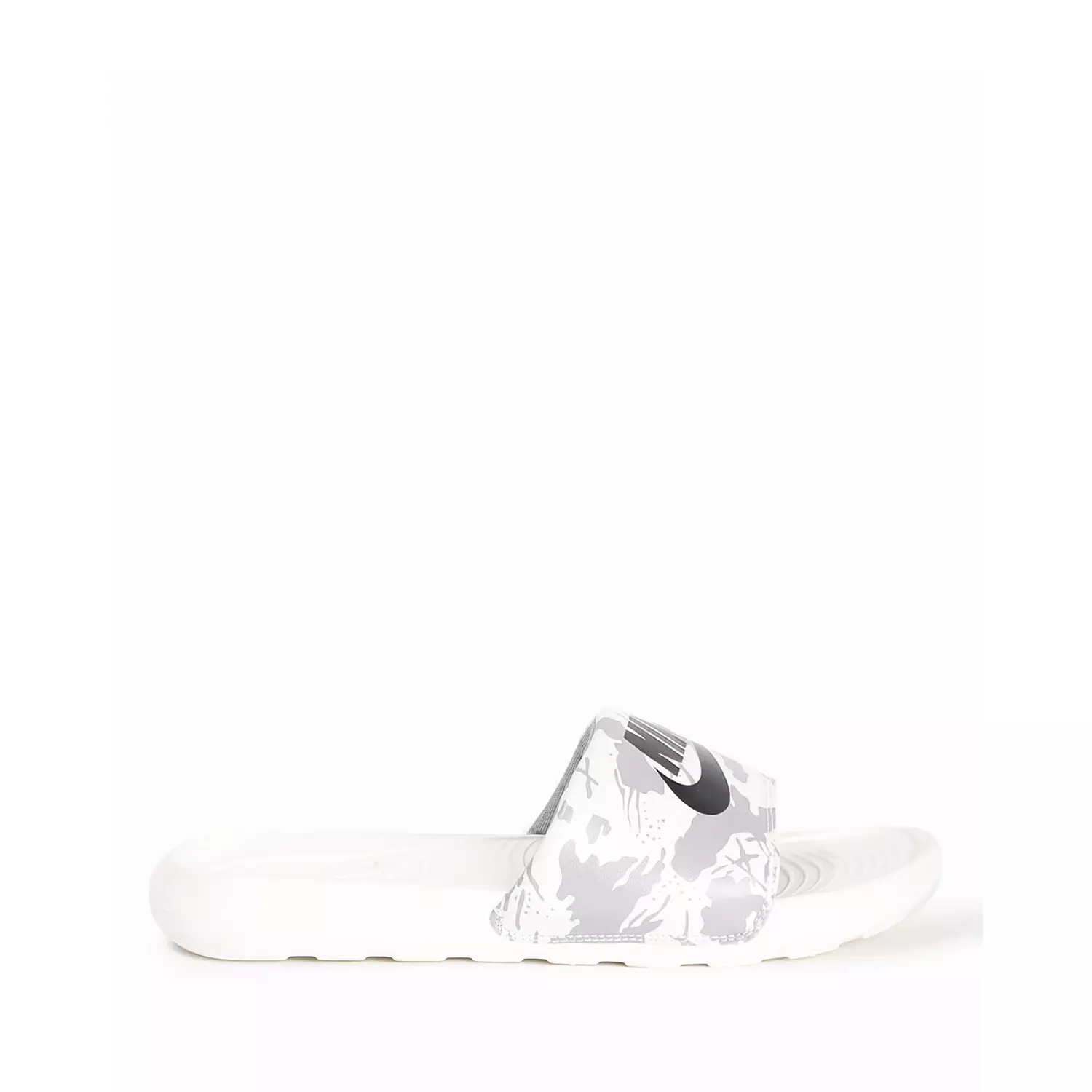 Nike Victori One Men's slides in white with a camouflage-style print and black logo image