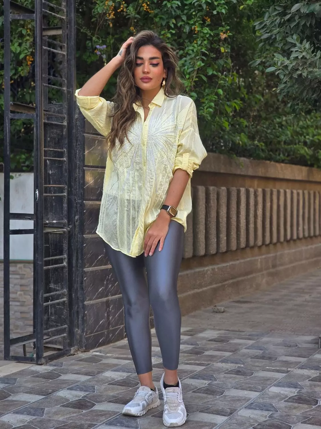 Yellow linen pearl embroidered shirt 2