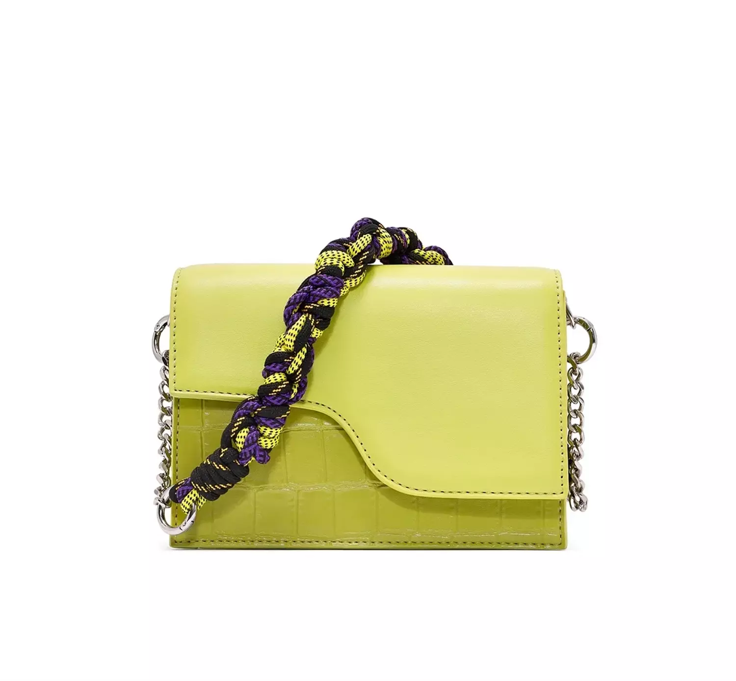 Lime Green Asymmetrical Flap Bag with Braided Rope Handle image