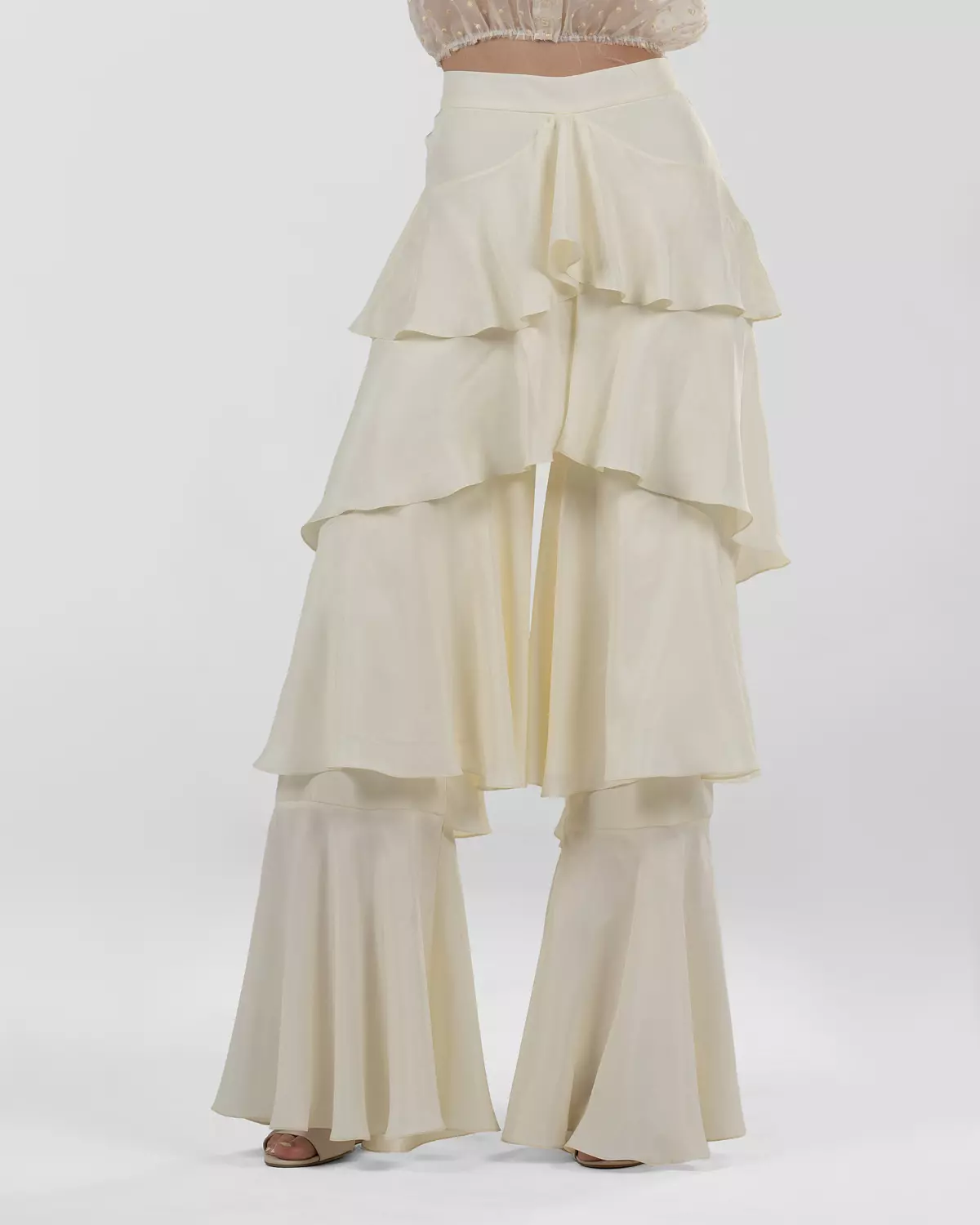 Chic Off-White Silk Ruffled Wide-Leg Pants 6