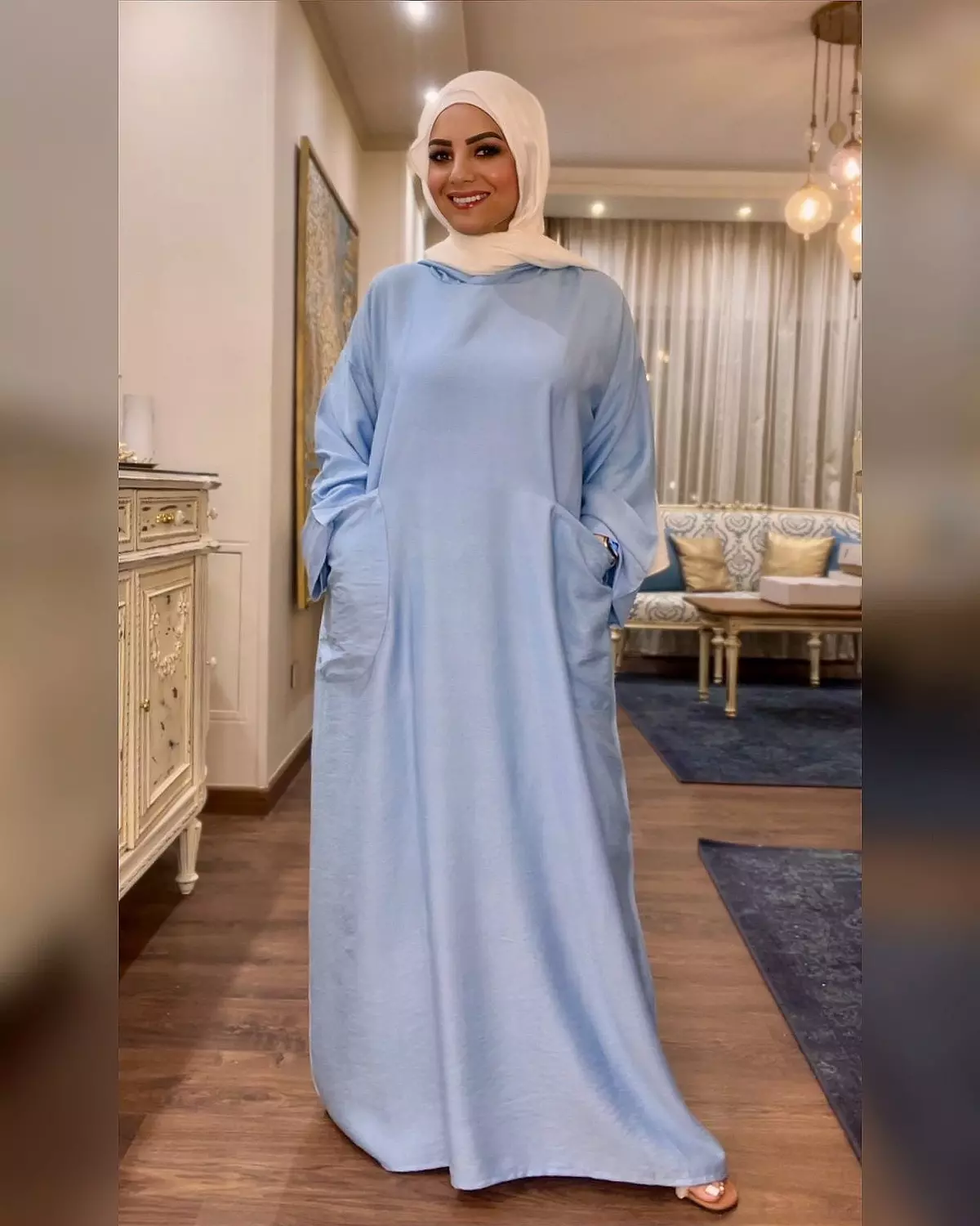 Hooded Linen Dress With Long Sleeves - Baby Blue