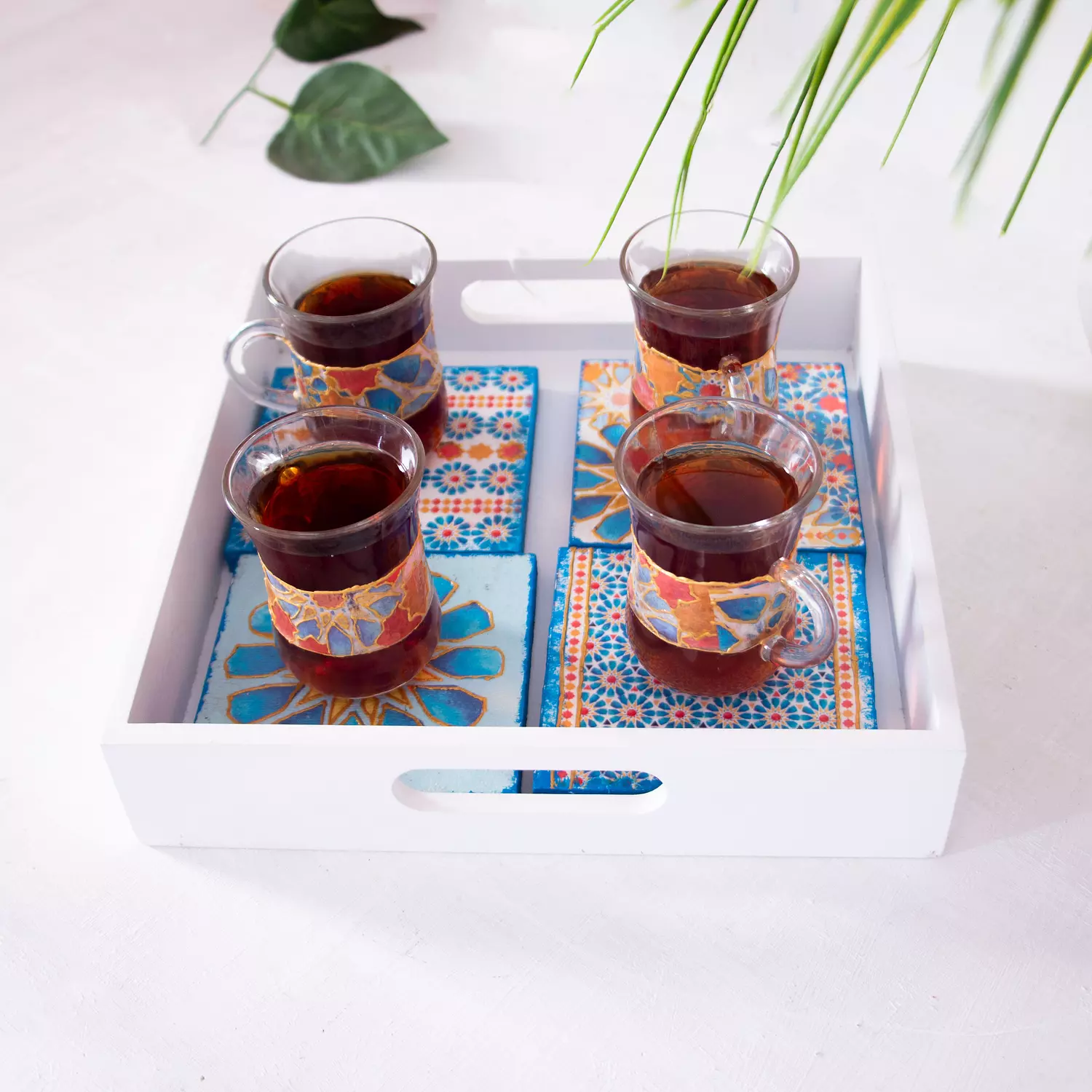 Blue Islamic stars coasters wooden tray  image