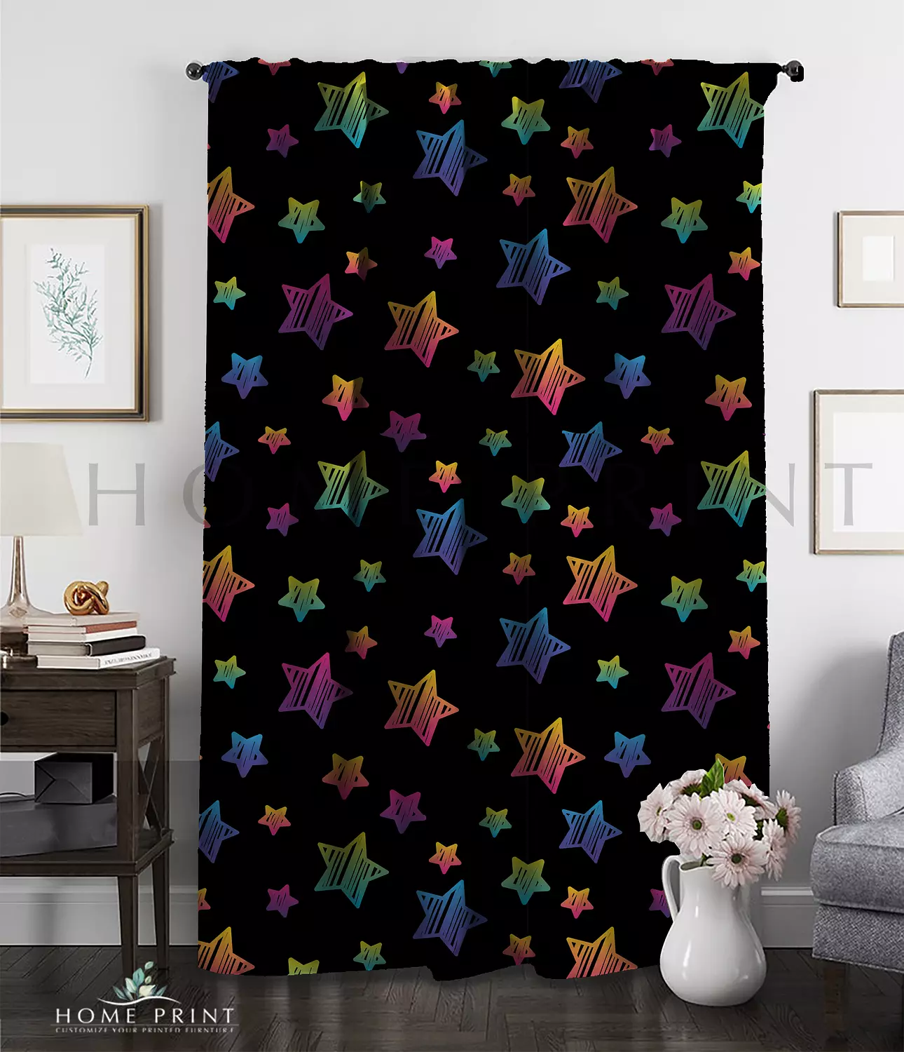 Velvet Curtain - Multi Colors Stars - Black Background  image