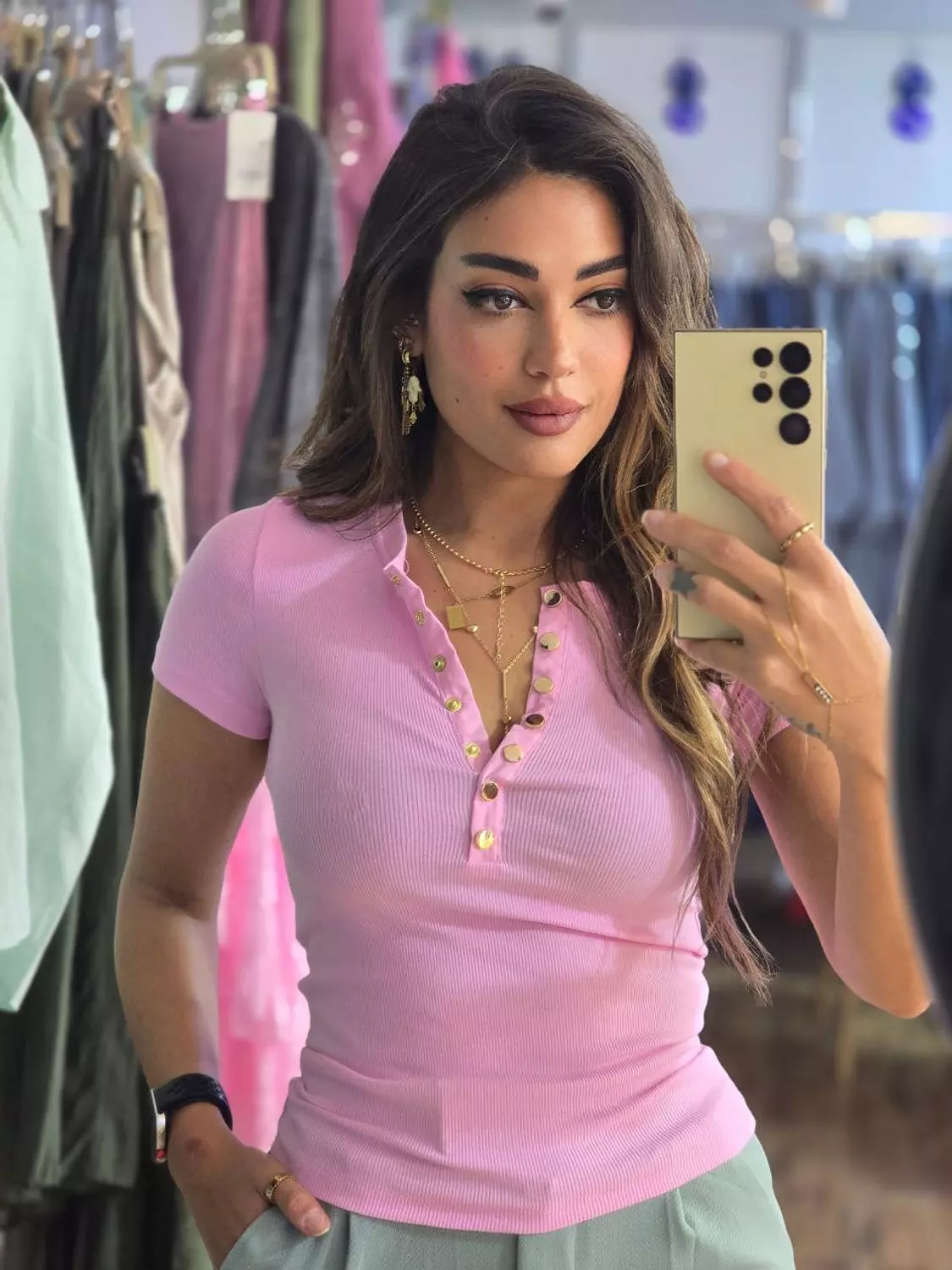 Pink basic Karol top with gold buttons  image