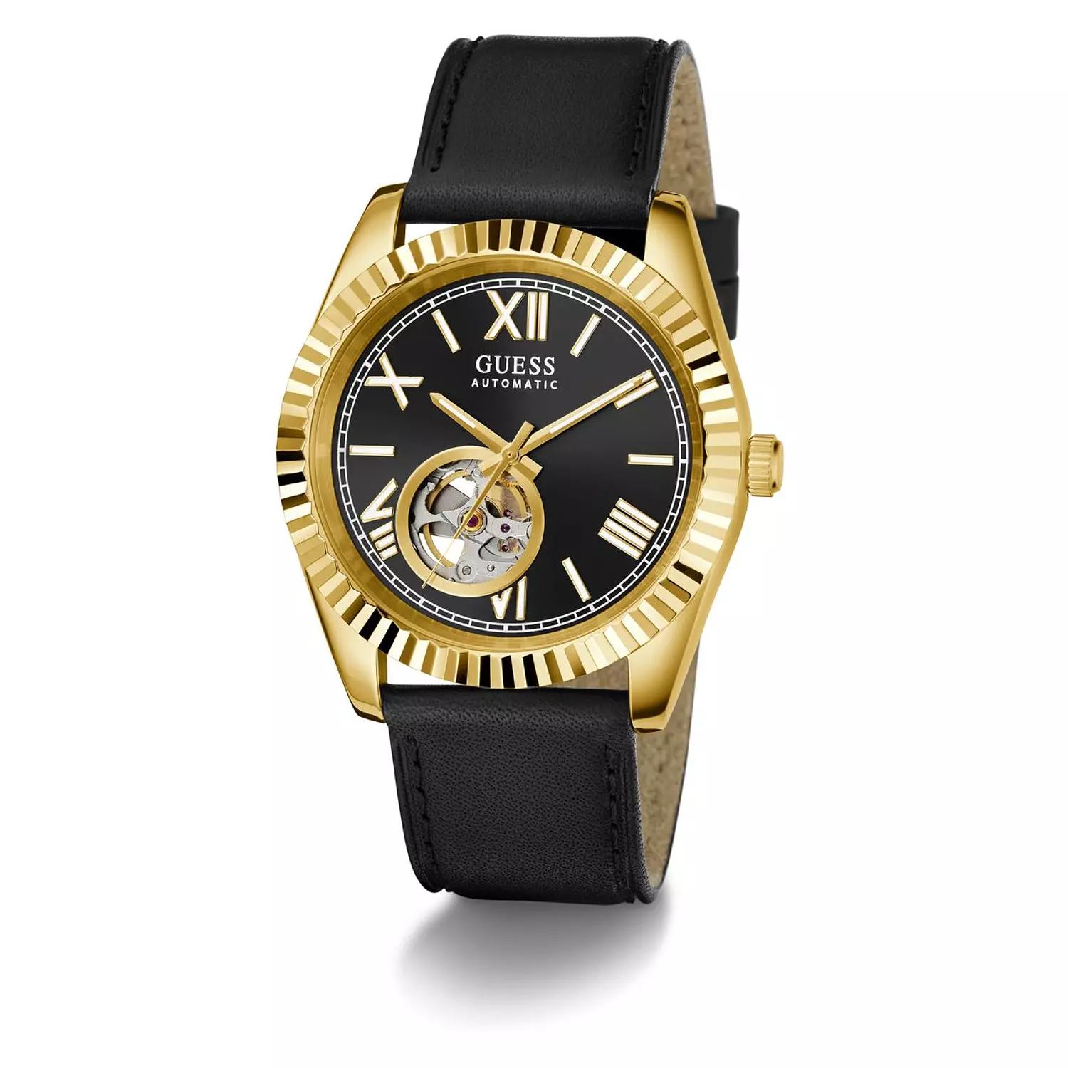 GUESS CONNOISSEUR Mens Black Gold Tone Automatic Watch Black Genuine Leather Brushed/Polished Strap 3
