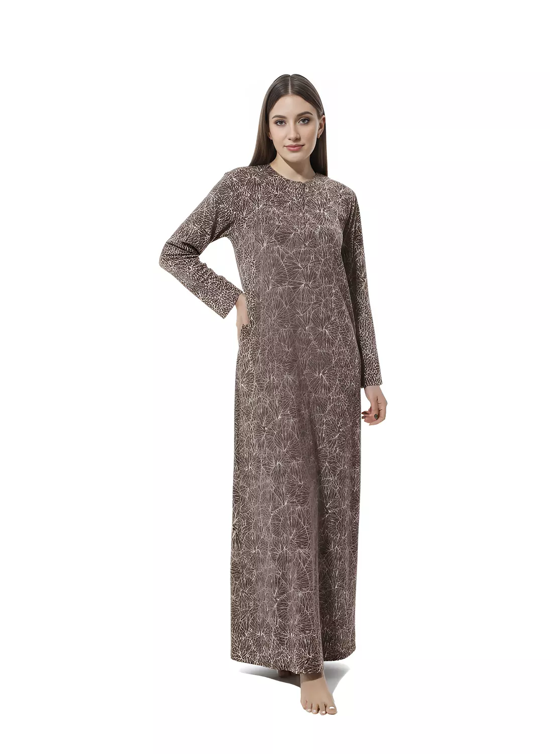 Shorto Women's Fleece Circle Leaves Printed Nightgown - 2649 - Brown - 1 2