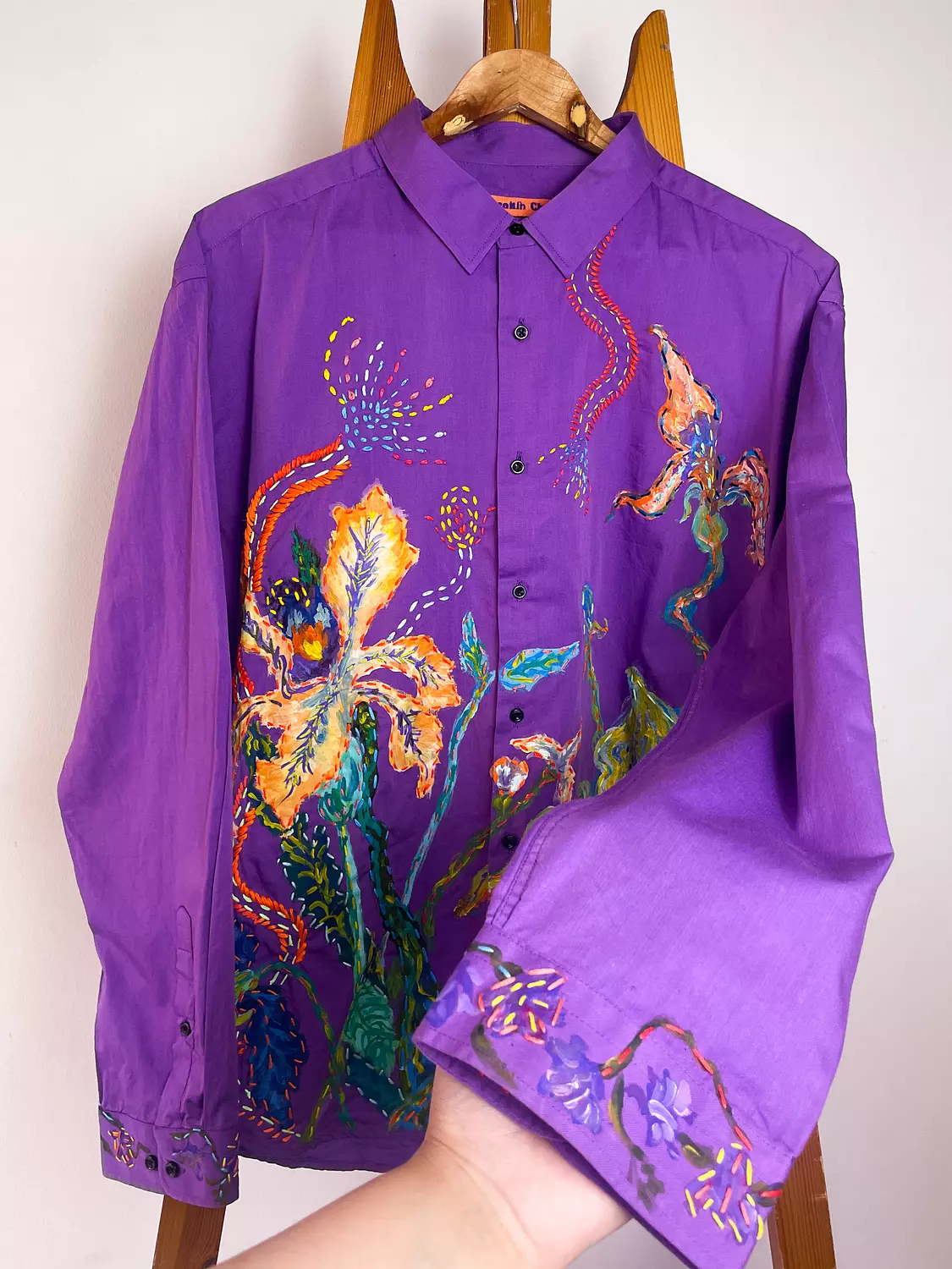 “Abstract Bloom”  Hand-Painted & Embroidered Cotton Shirt 4