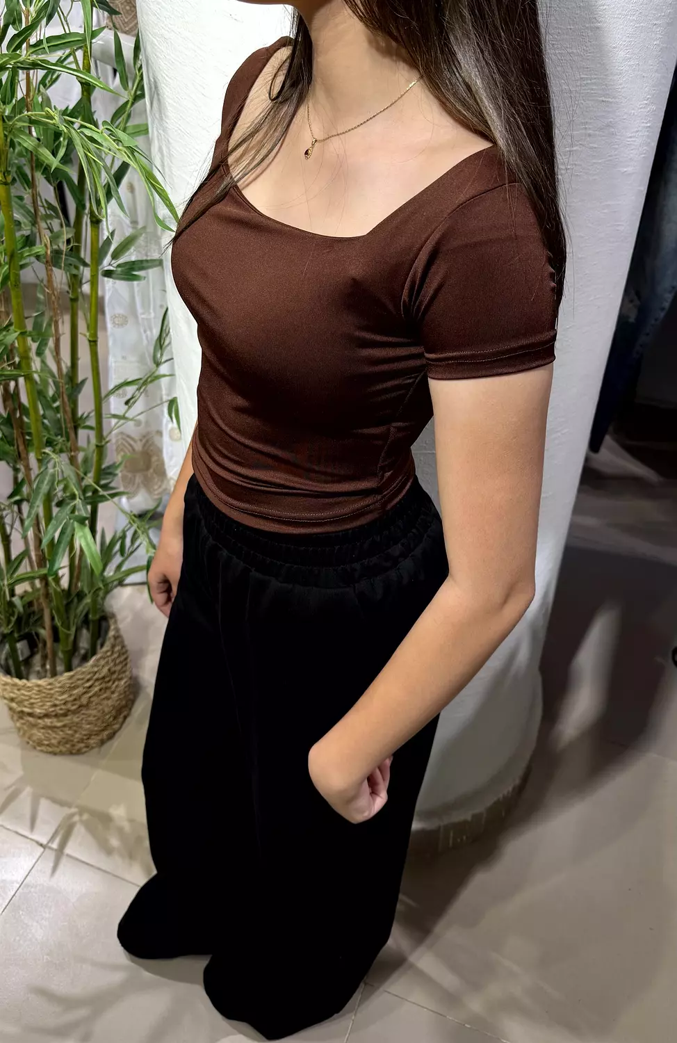 Square Neck Fitted Top | Brown 2