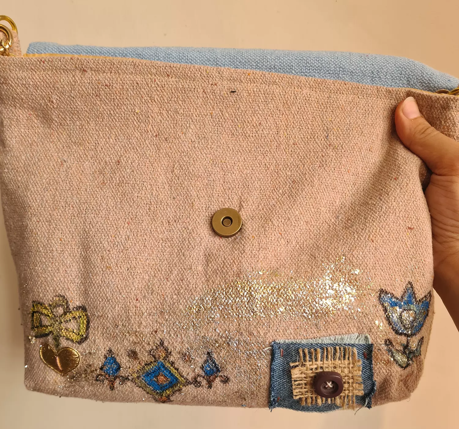 Mixed media fabric bag with genuine leather long strap 2