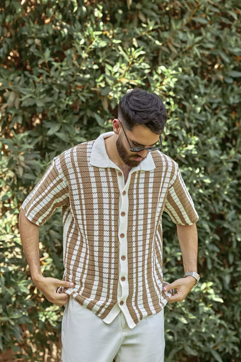 Retro Striped Crochet Button-Up Shirt 3