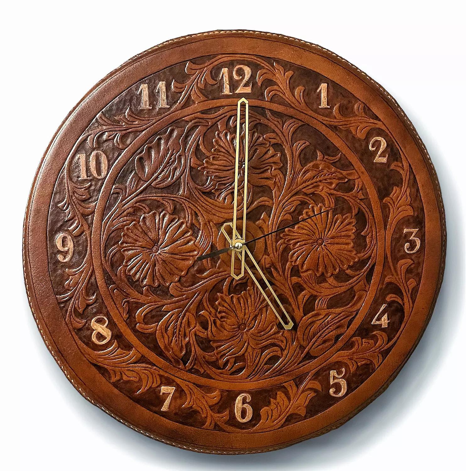 Tooled floral leather wall clock with numbers image