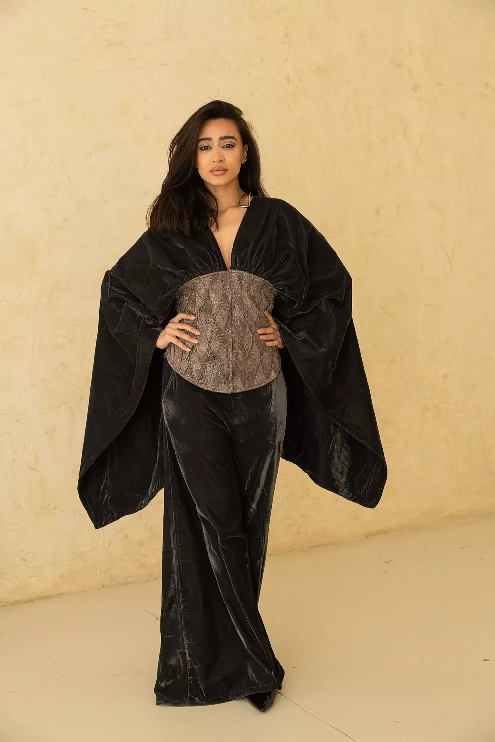 Velvet pant set with embroidery corset cape image