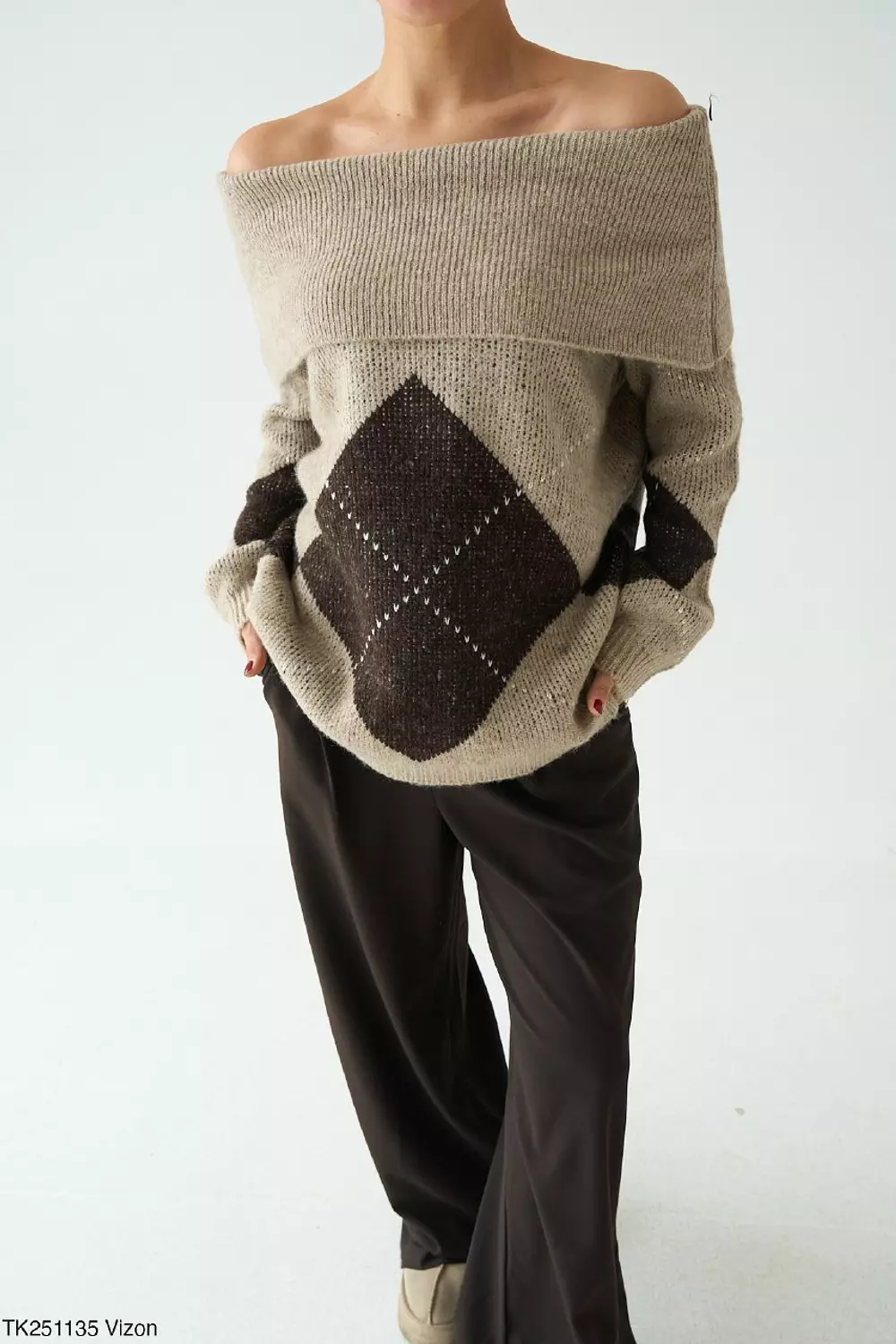 Brown Argyle Off Shoulder Pullover  image