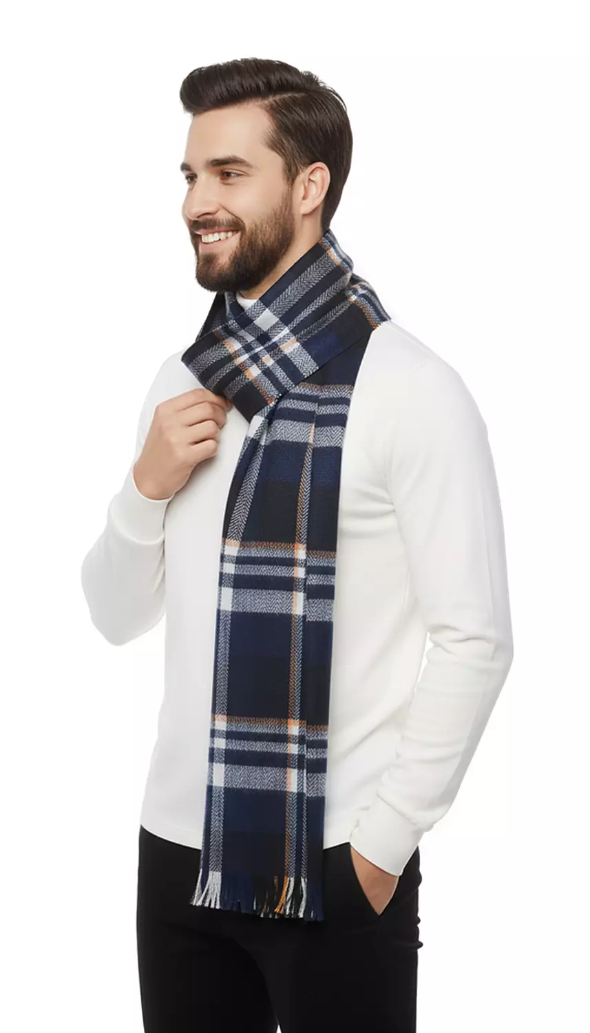 Check Shawl - 2359 - Black * Dark Blue * White * Lines Orange 2