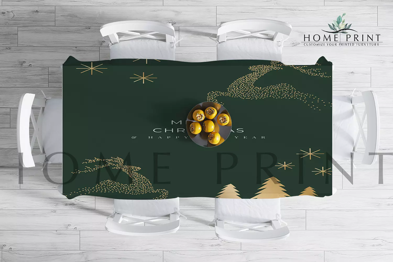 Christmas Tablecloth - Golden Tree and Reindeer  - Dark Green Design  - 150 cm in 250 cm image