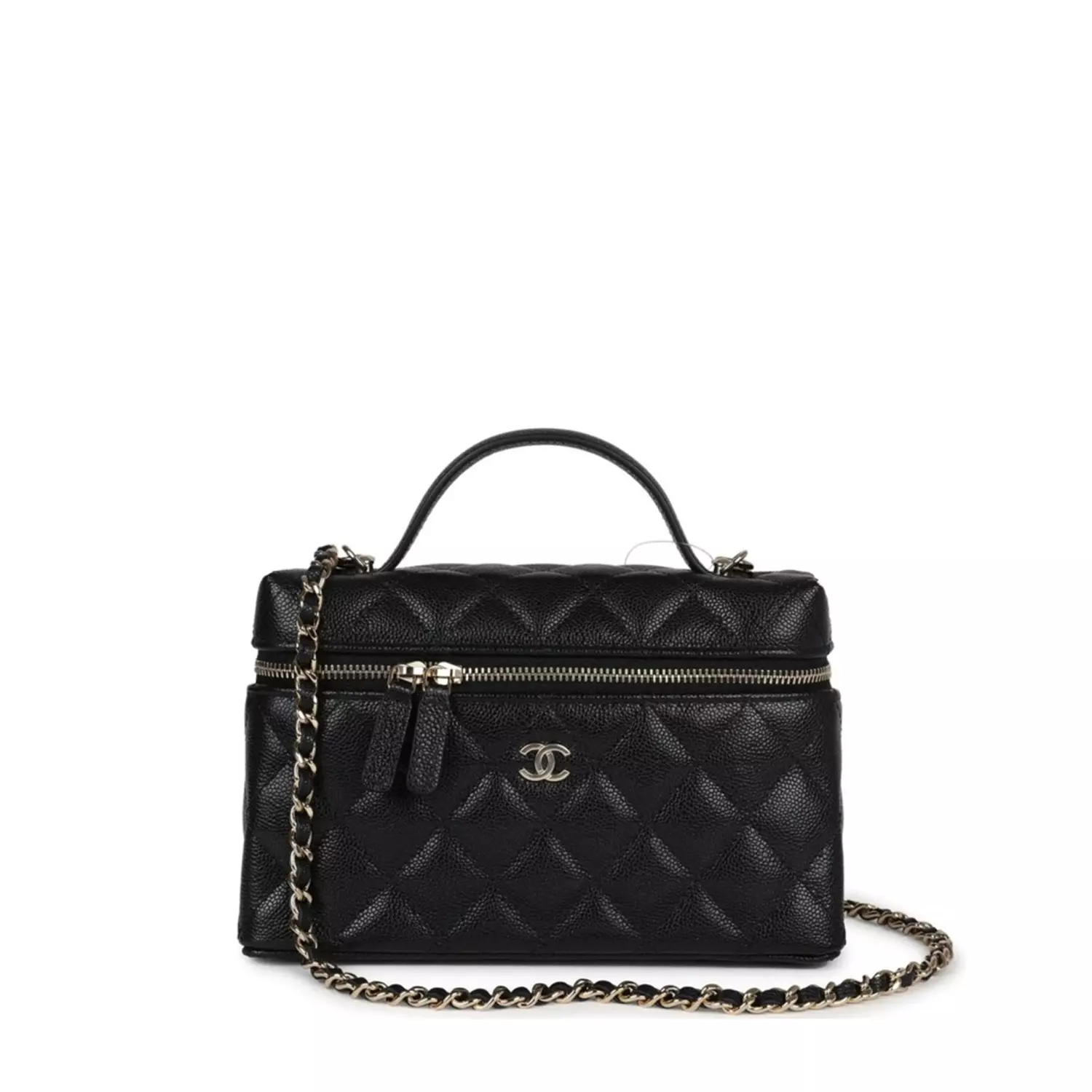 Chanel Vanity Case with Chain, typically crafted from black quilted caviar leather  image
