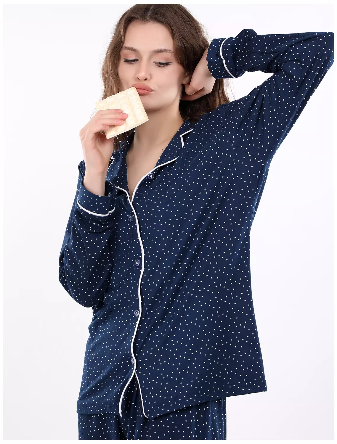 A401 Midnight Dots Buttoned Long Sleeved Pajama Set image