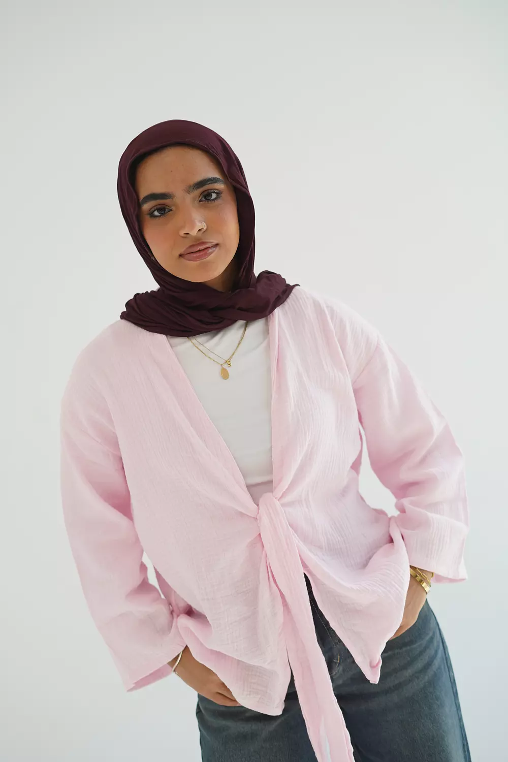 Pink open cotton blouse with front tie hover image