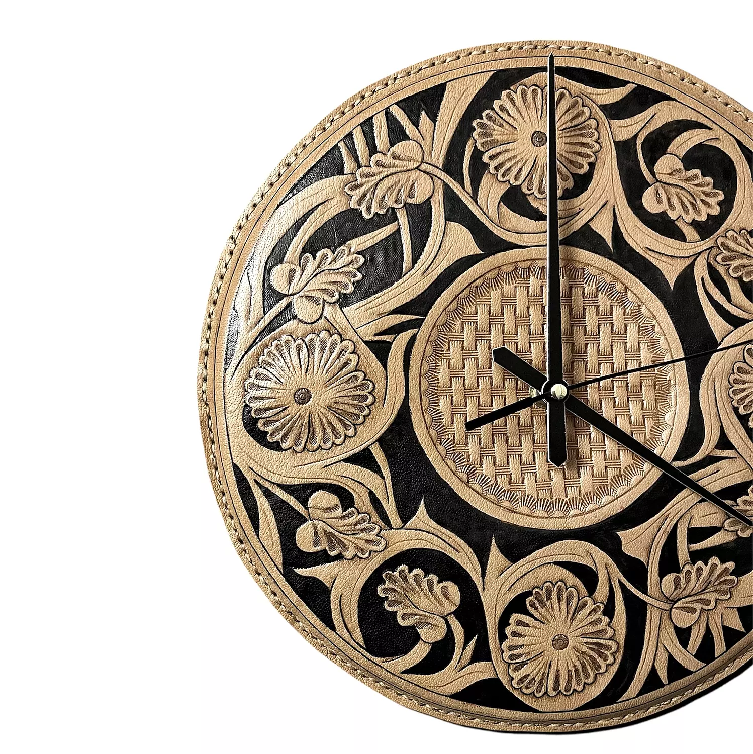 Tooled floral basket leather wall clock hover image