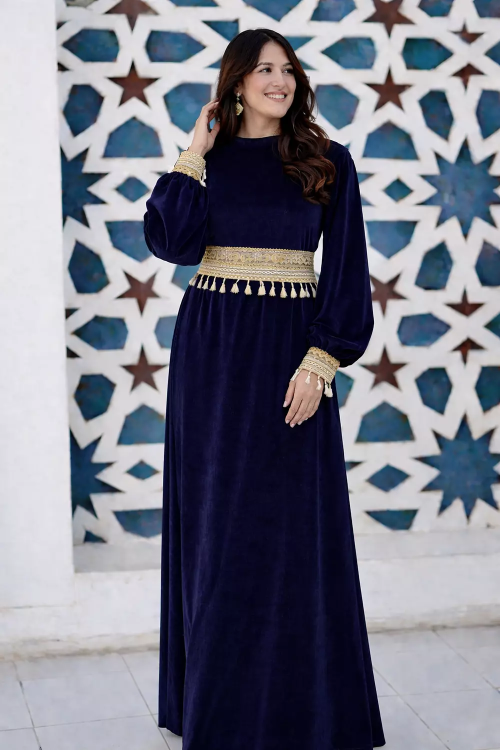 Velvet Maxi Ramadan Dress with Tassel separate Belt, Long Sleeve Modest Dress Mother Daughter Matching Set 3