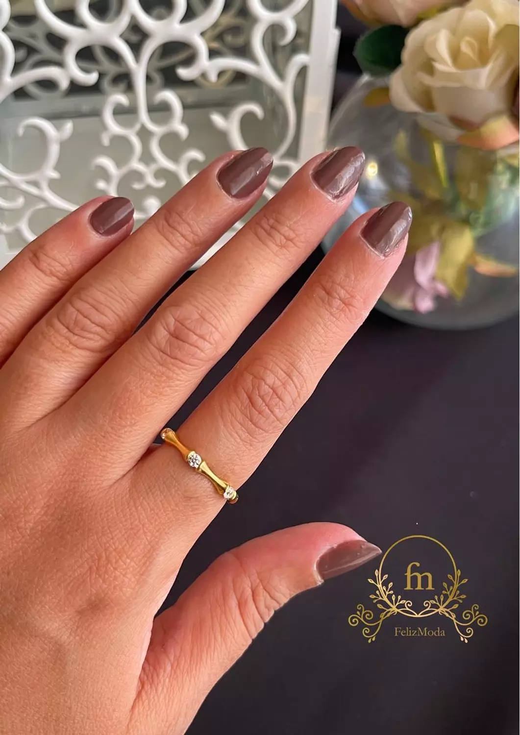 Bamboo lucky silver ring gold plated with zircon stones image