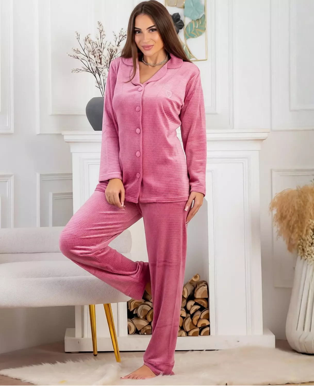 Pink Ribbed Velvet Pajama 3