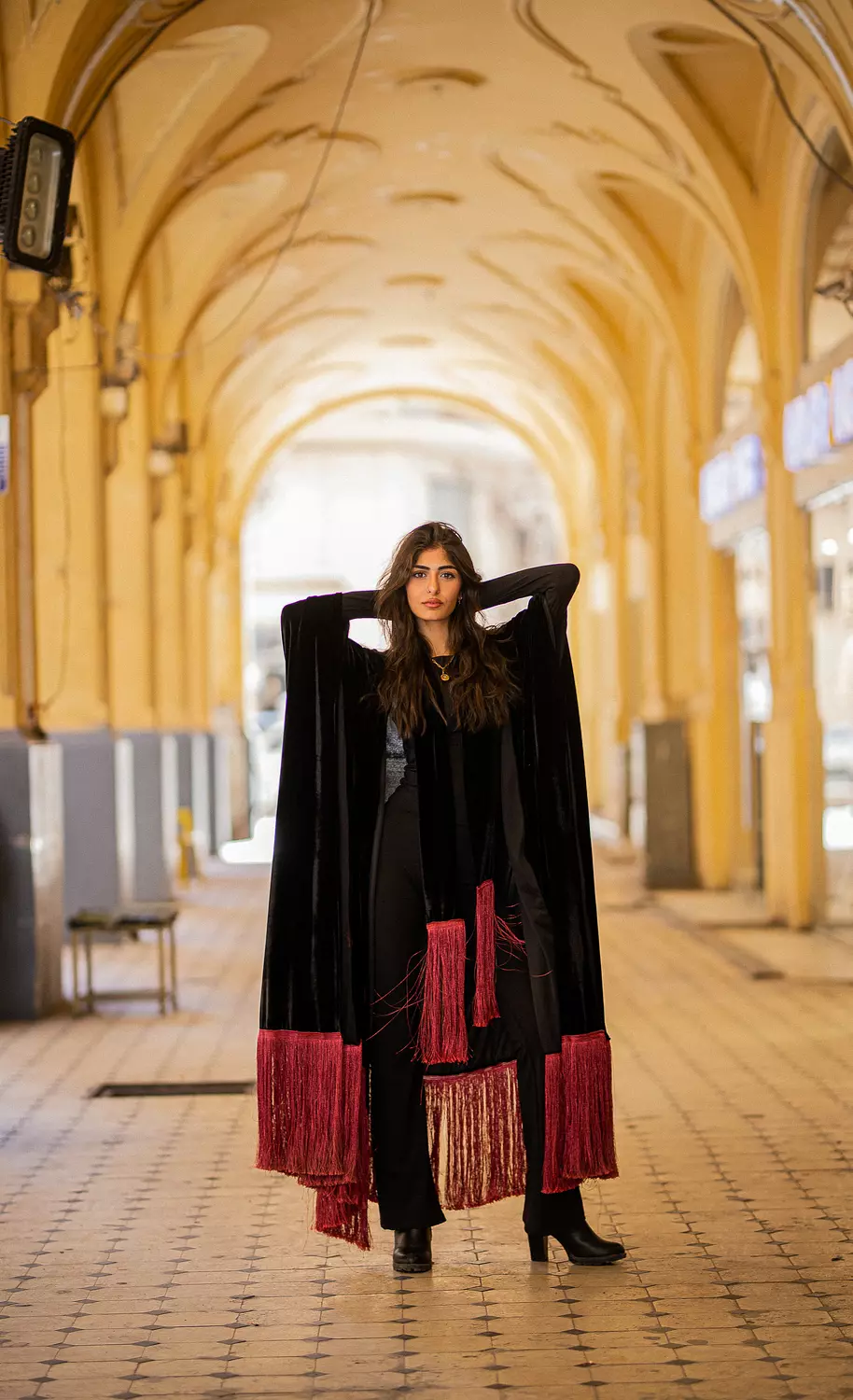Burgundy fringes velvet scarf hover image