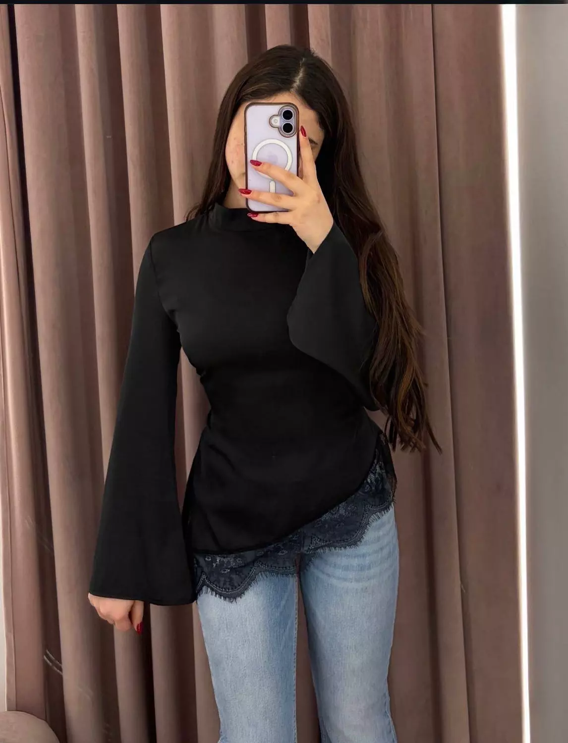 Lace-trim satin blouse