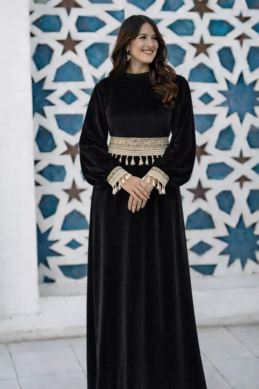 Velvet Maxi Ramadan Dress with Tassel separate Belt, Long Sleeve Modest Dress Mother Daughter Matching Set 2