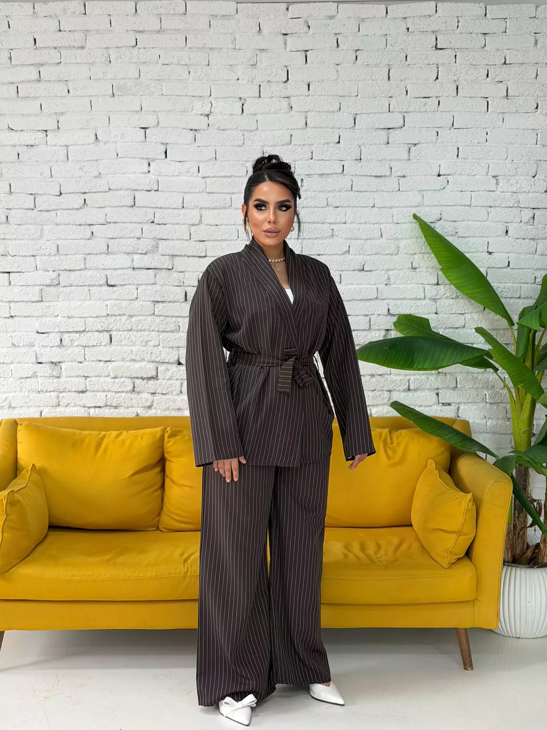 Contour Pinstripe Set In Dark Brown hover image