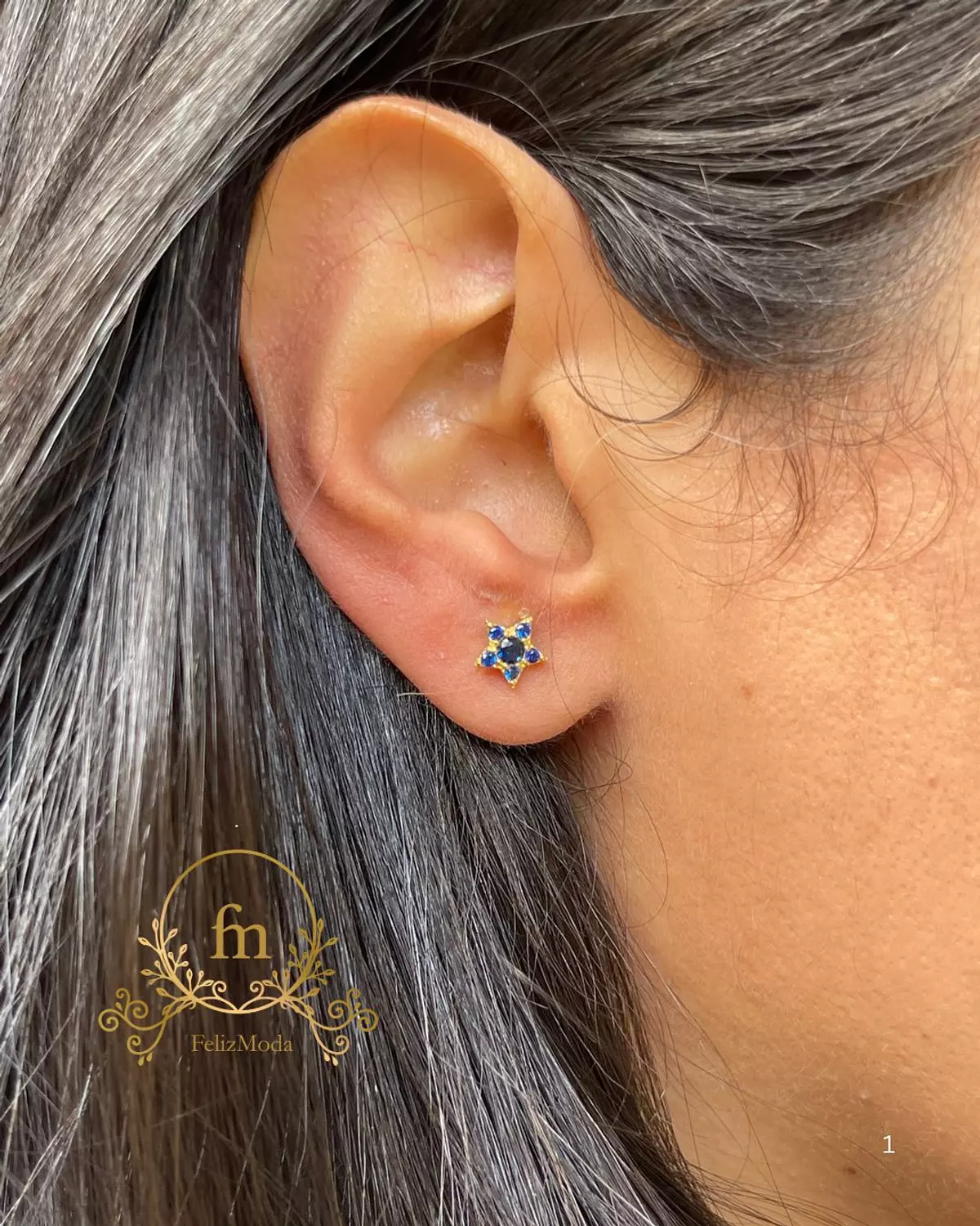 Blue star silver earrings gold plated image