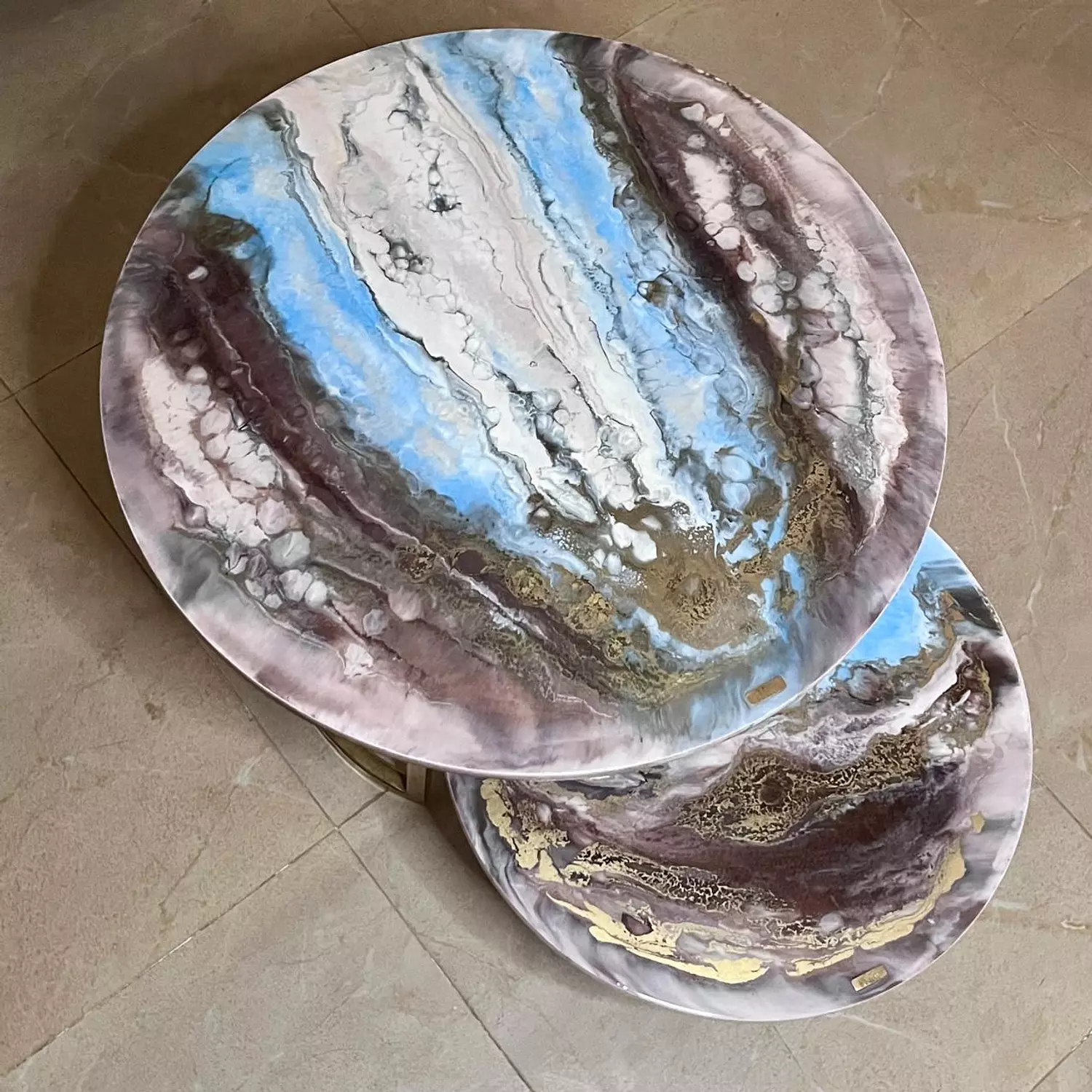 Light Blue & Maroon Center Tables set of 2 hover image