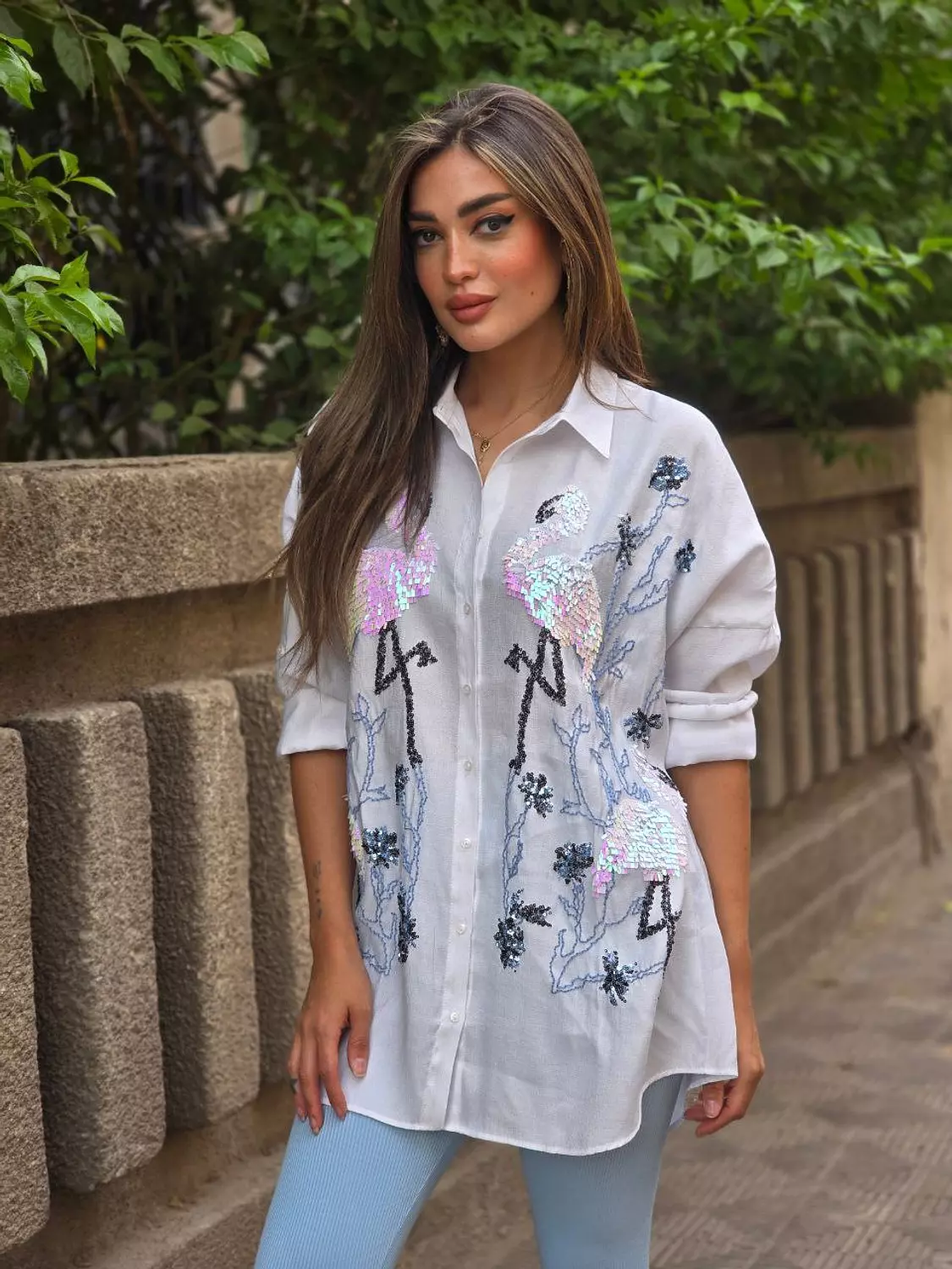 White Embroidery Flamingo Shirts 4