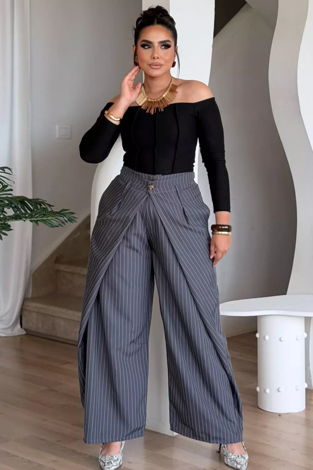 Pinstripe Extra Wide-Leg Trousers with Draped Front 5