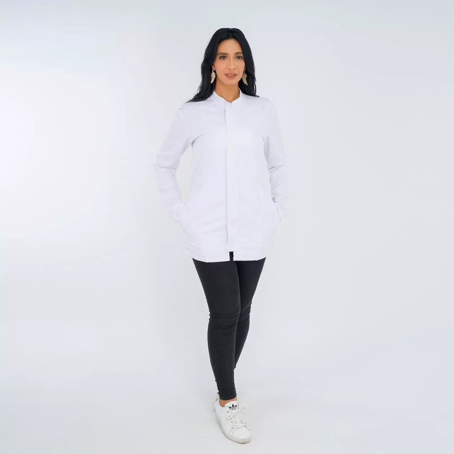White Half Collar Lab Coat with Zipper 10