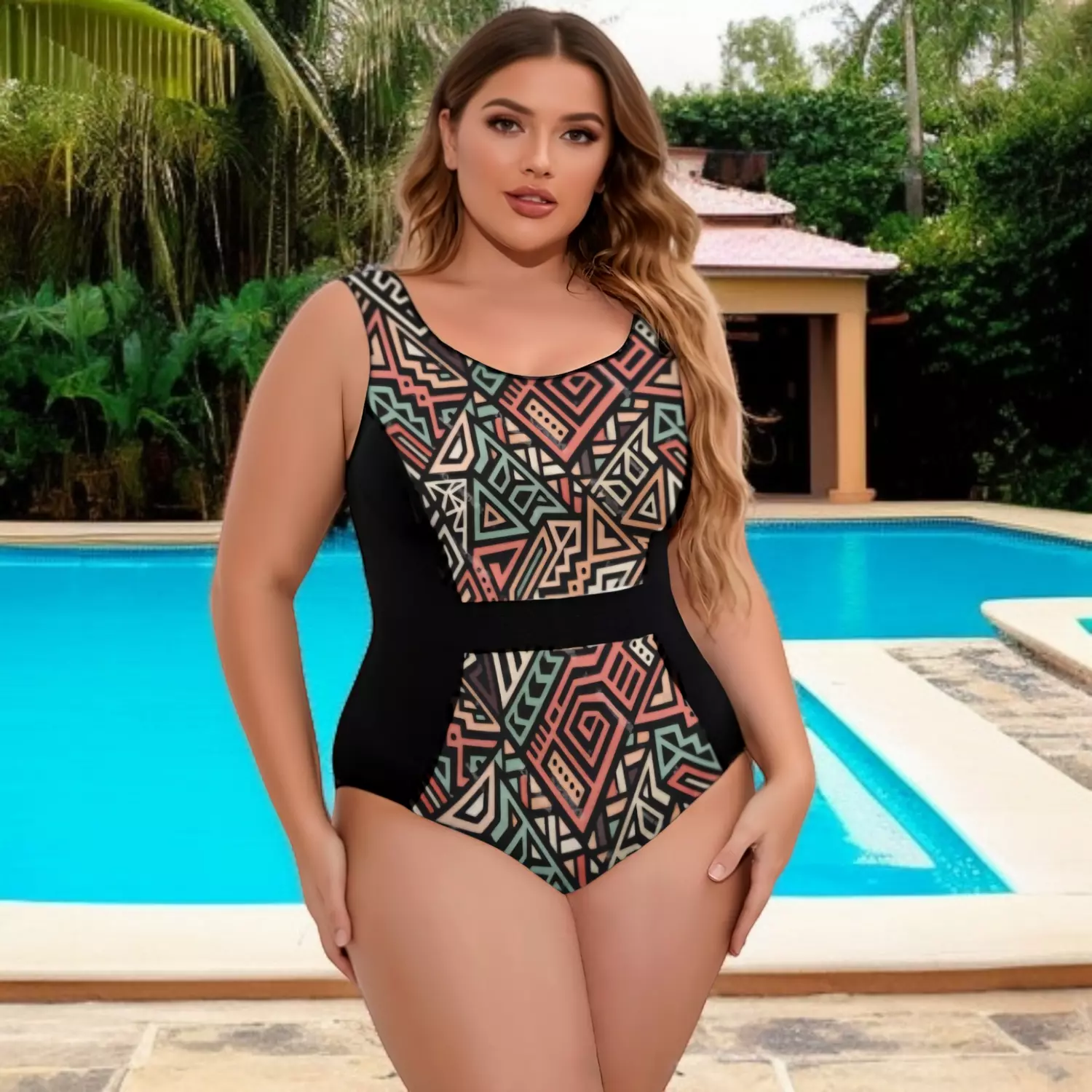 Color block plus size swimsuit  image