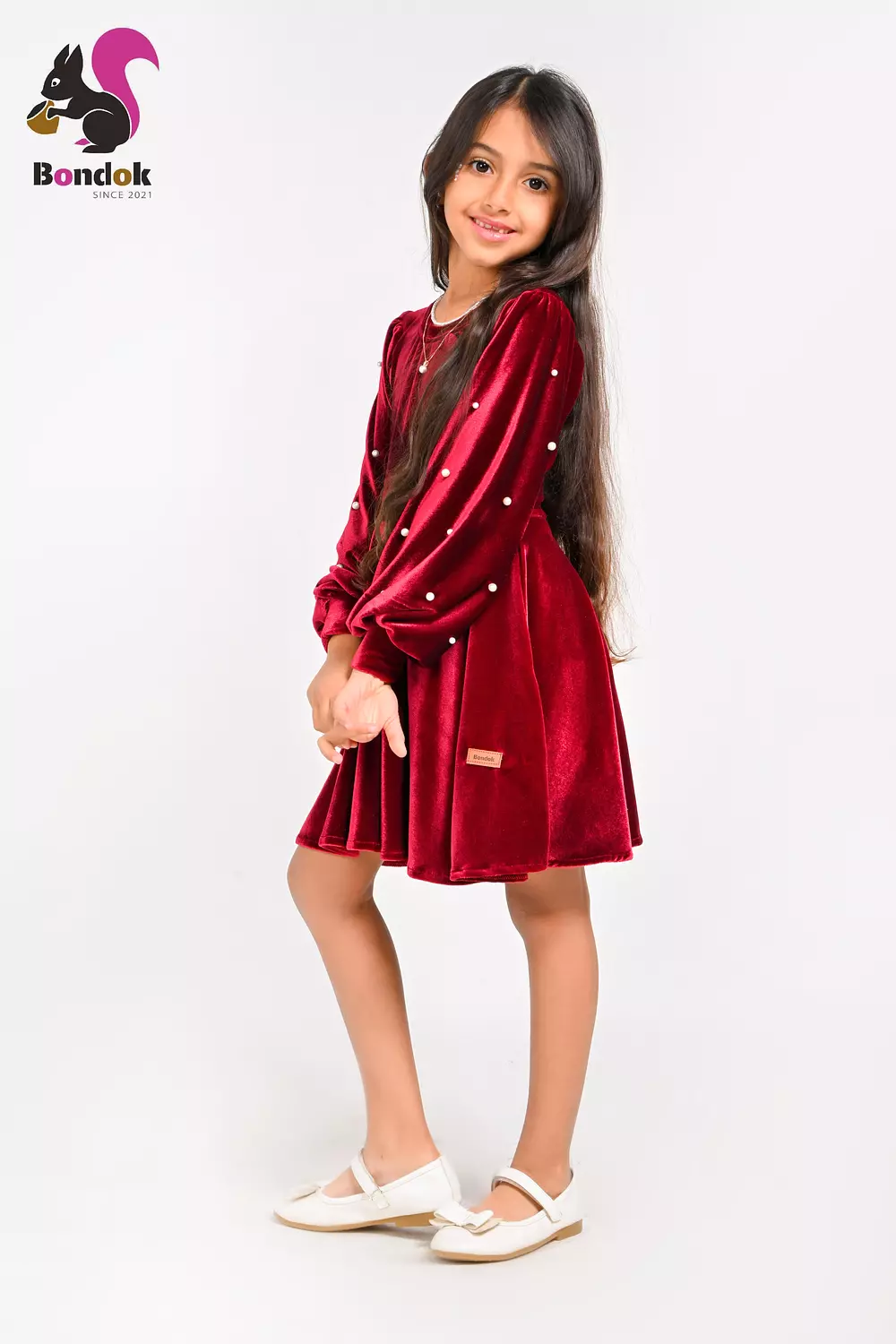 Loly Girls Velvet Dress with Pearl Details, (Red, Navy Blue, Emerald Green, Deep Fuchsia and Black) 13