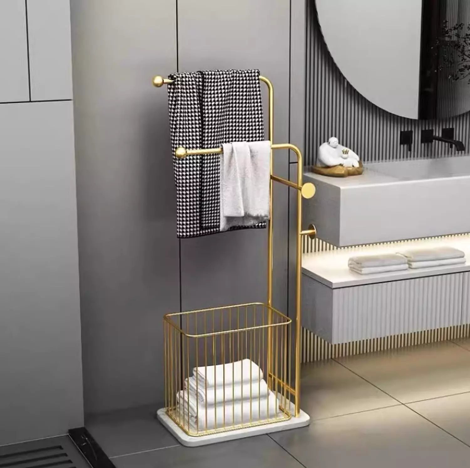 Bathroom towel organizer with clothes basket  hover image
