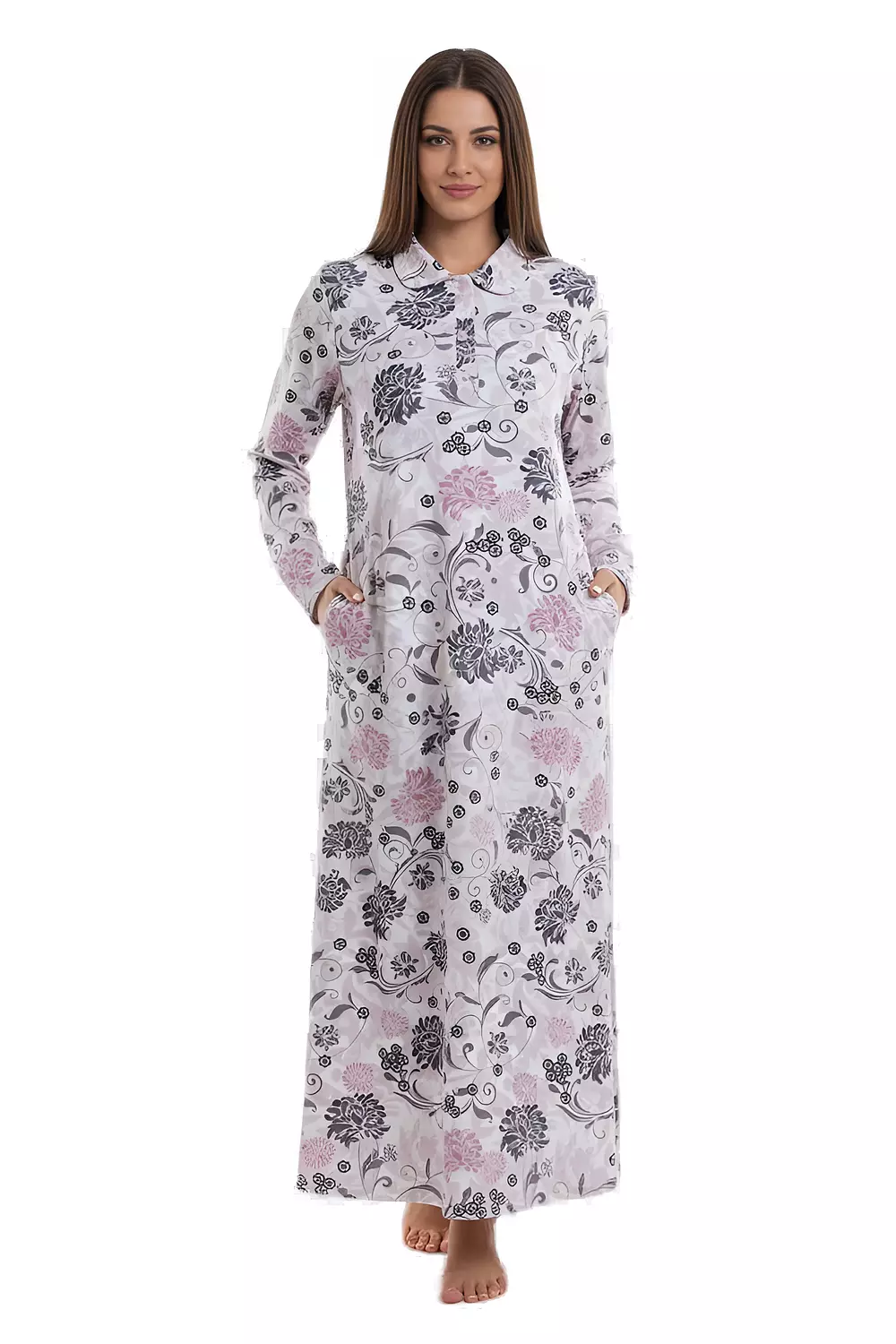 Shorto Women's Collar Fleece Flowers Printed Nightgown - 2647 - Light Rose image