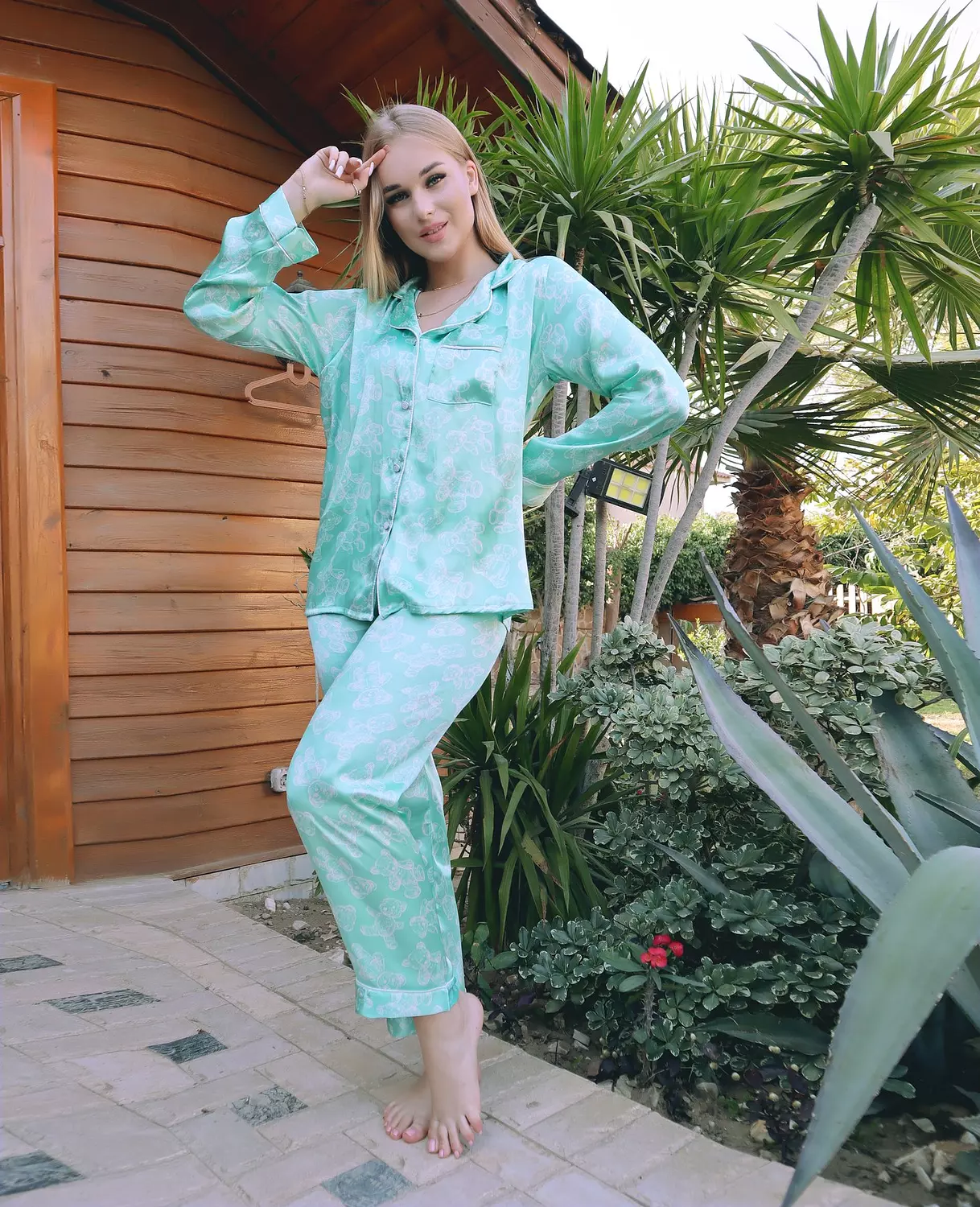 Sketch Teddy Bear Print Satin Pajama 6