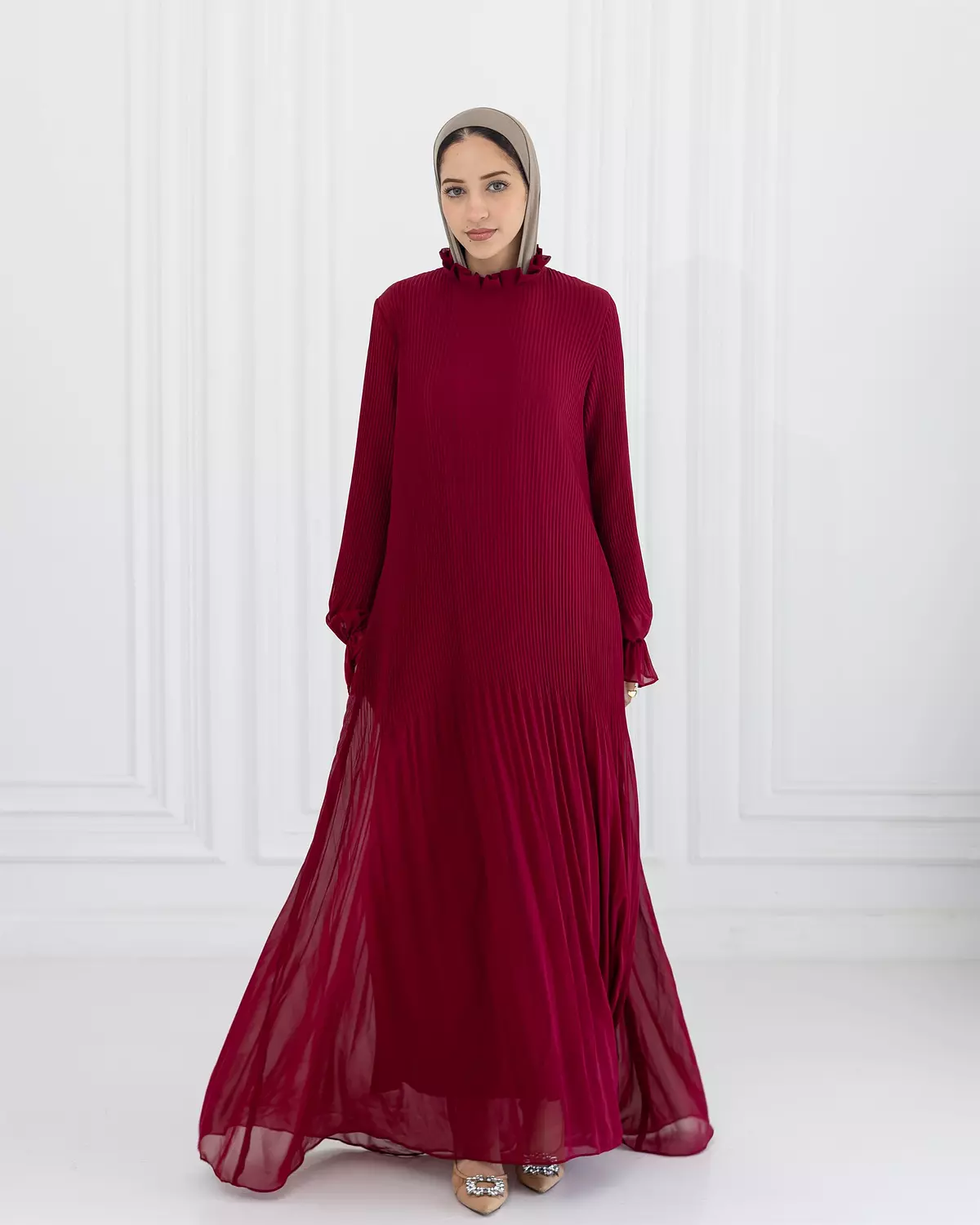 Chiffon Pleated Dress | Burgundy 6