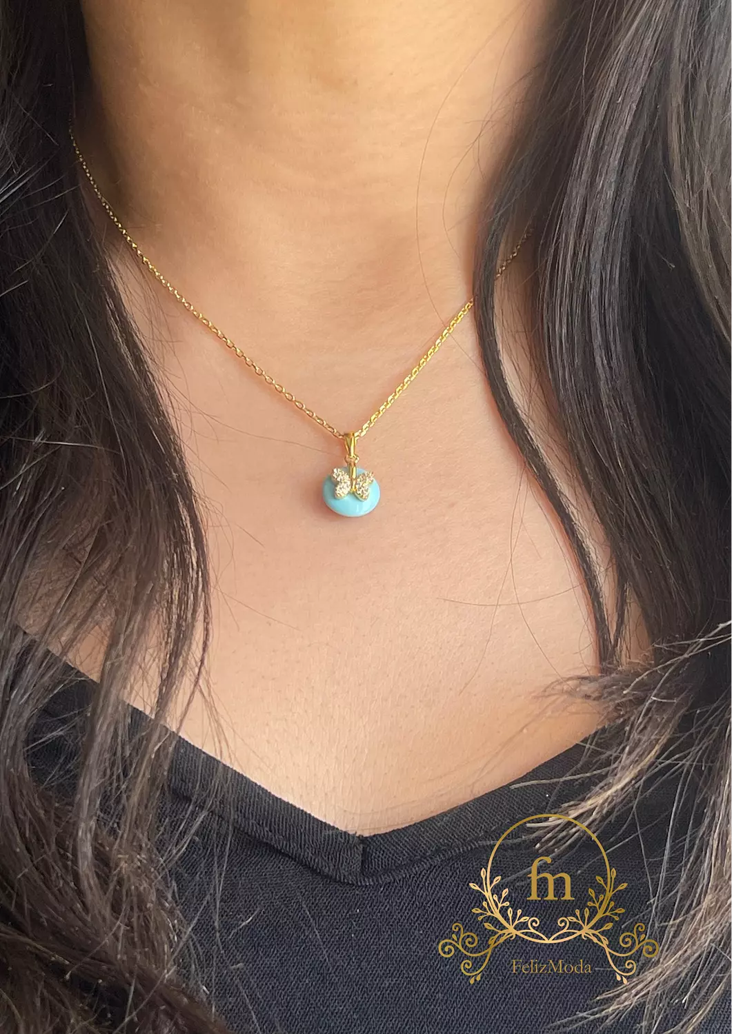 Gold butterfly on Fayrouz stone silver necklace gold plated  image