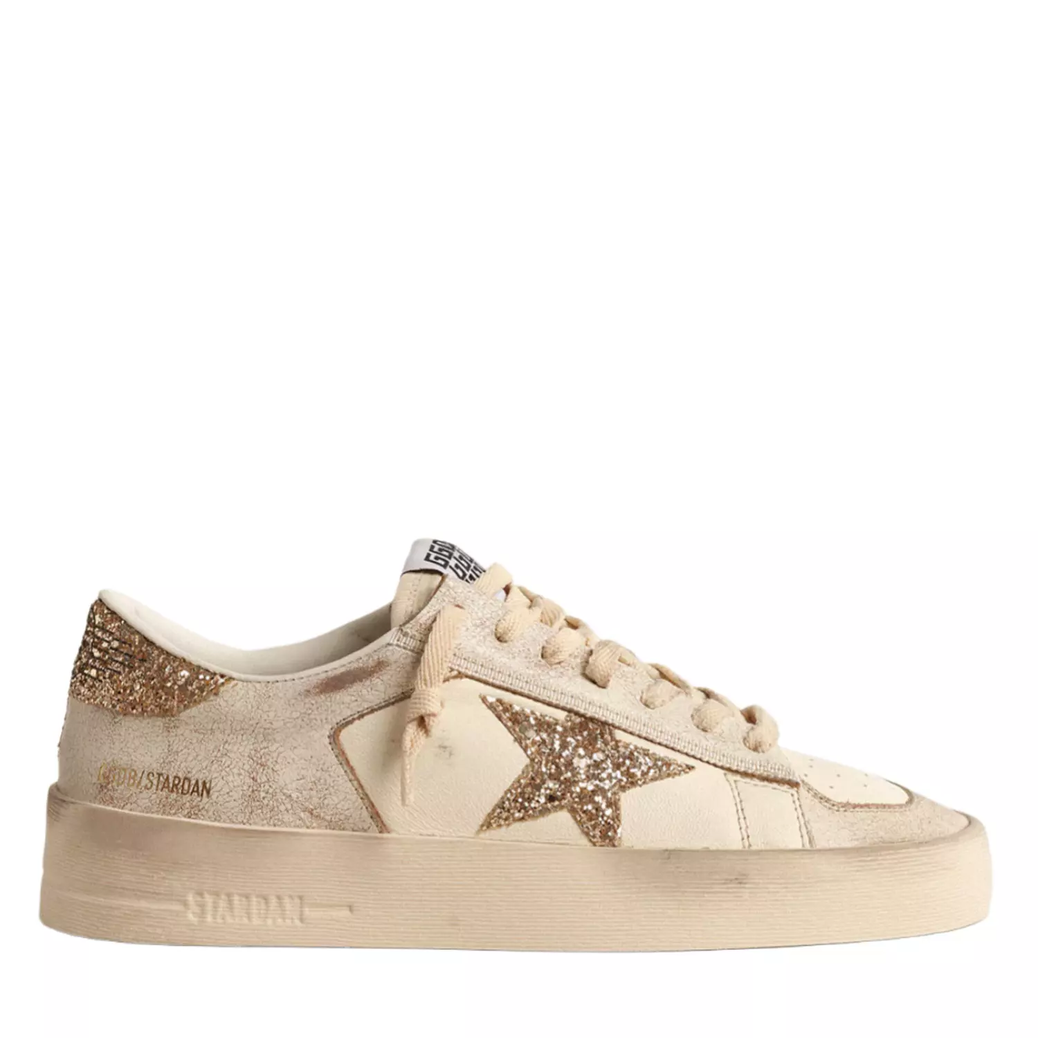 Golden goose Women’s Stardan in ecru nappa leather with gold glitter star and heel tab image